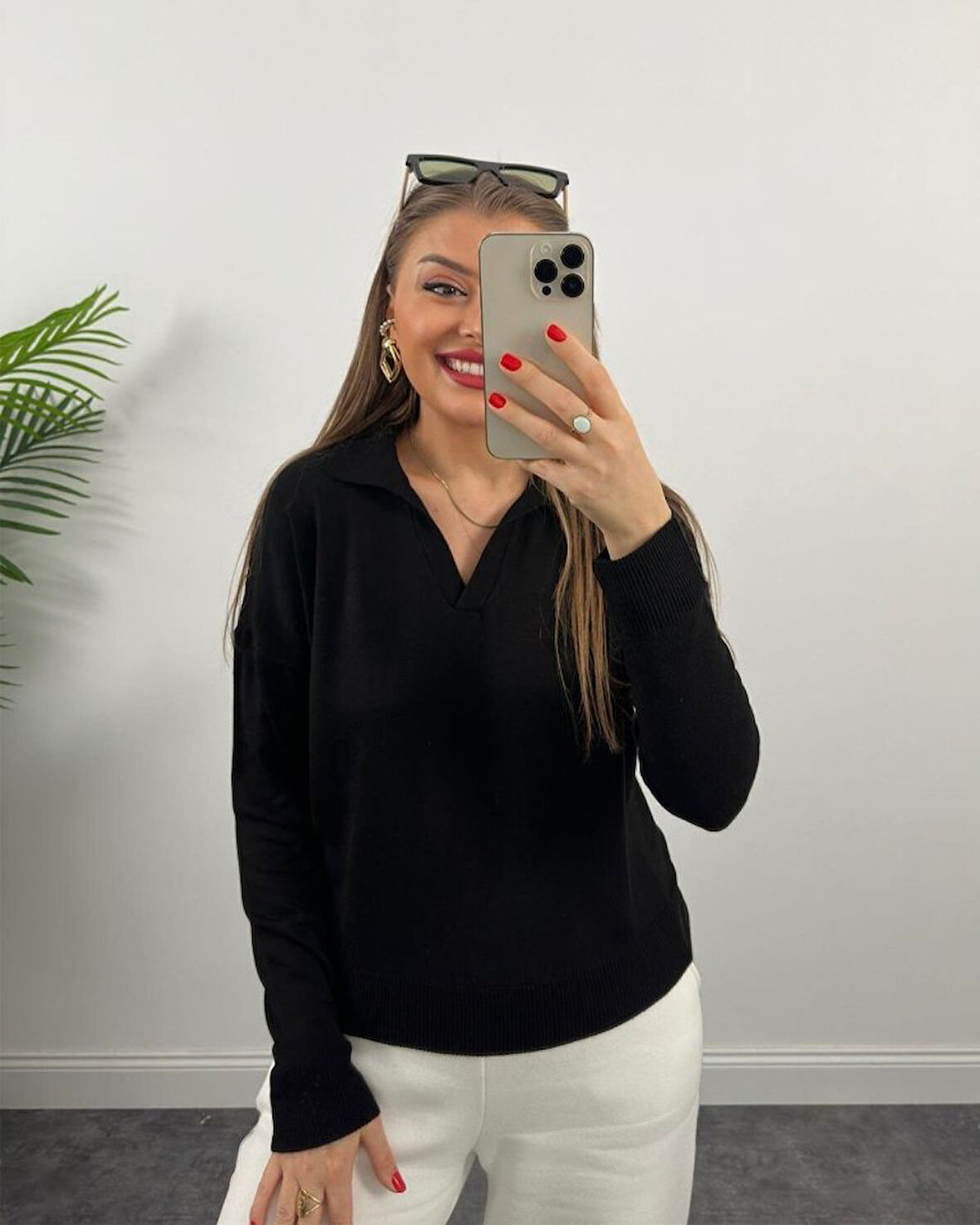 leyla sanat sanata yeni bir bakış açısı Kadın Beyaz Uzun Kollu Yakalı Triko Bluz