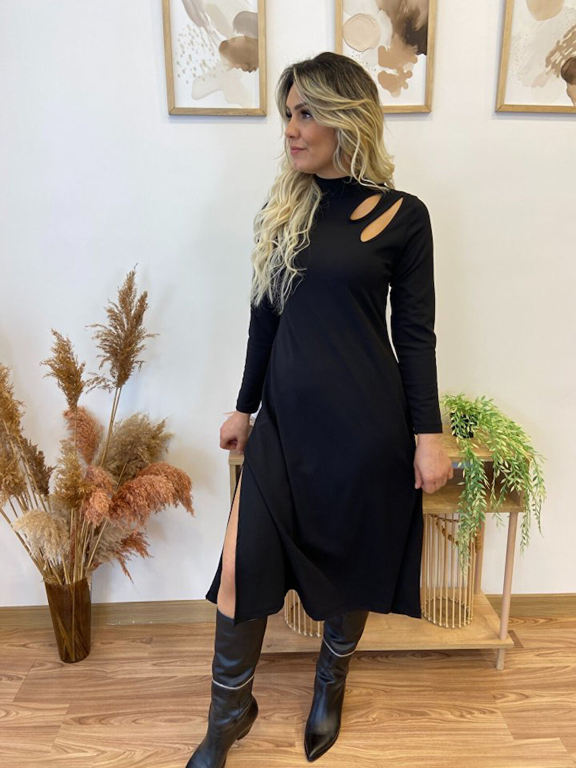 leyla sanat sanata yeni bir bakış açısı Kadın Uzun Kollu Balıkçı Yaka Omuzda Damla Detaylı Yırtmaçlı Krep Midi Elbise