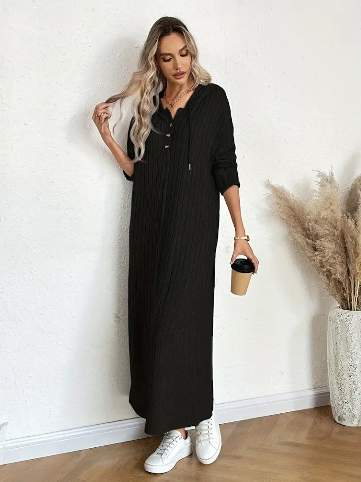 leyla sanat sanata yeni bir bakış açısı Kadın Uzun Kollu Kapşonlu Bağcıklı şardonlu Kaşkorse Uzun Elbise