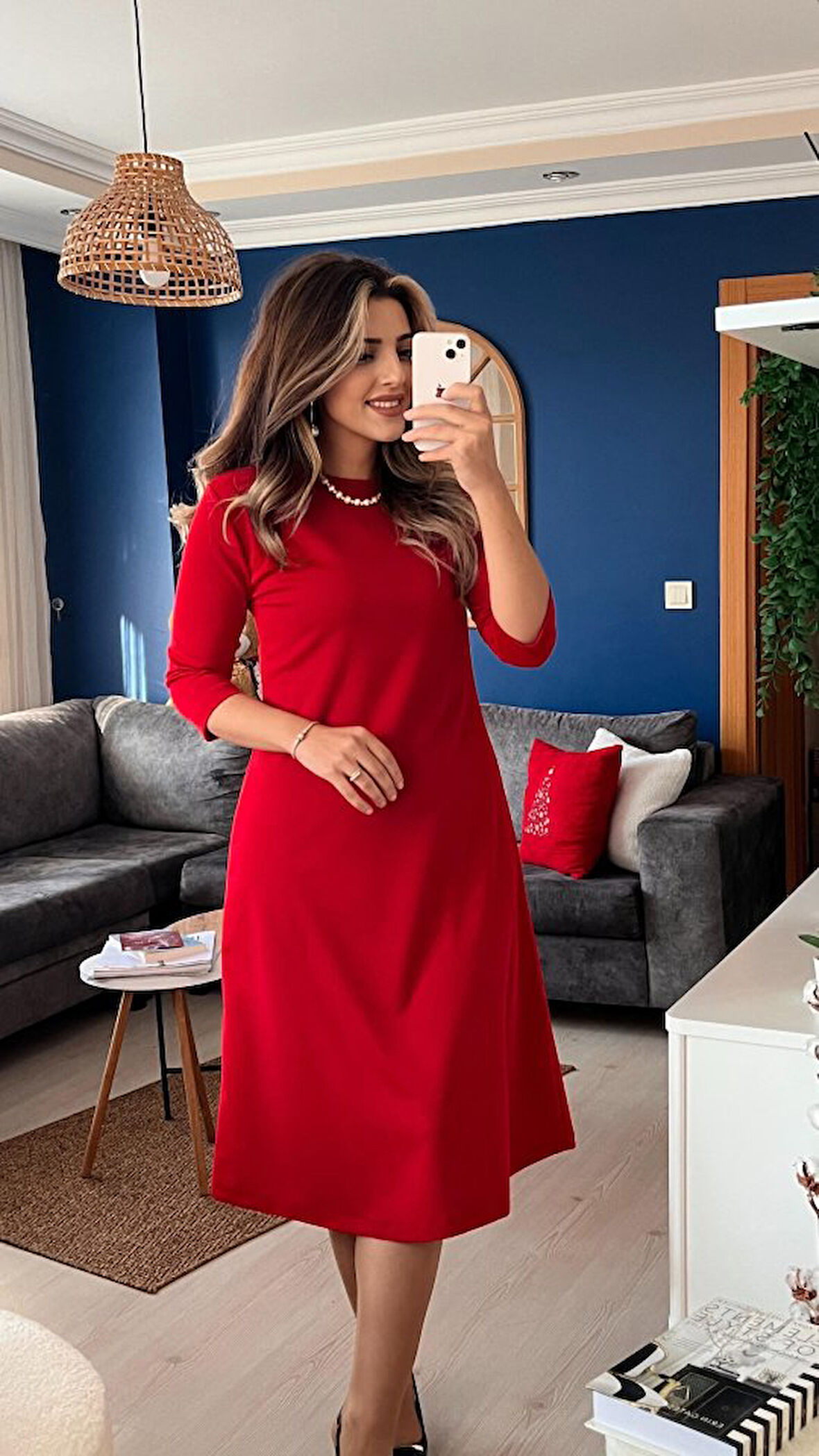 leyla sanat sanata yeni bir bakış açısı Kadın Uzun Kollu Bisiklet Yaka Midi Ithal Krep Elbise