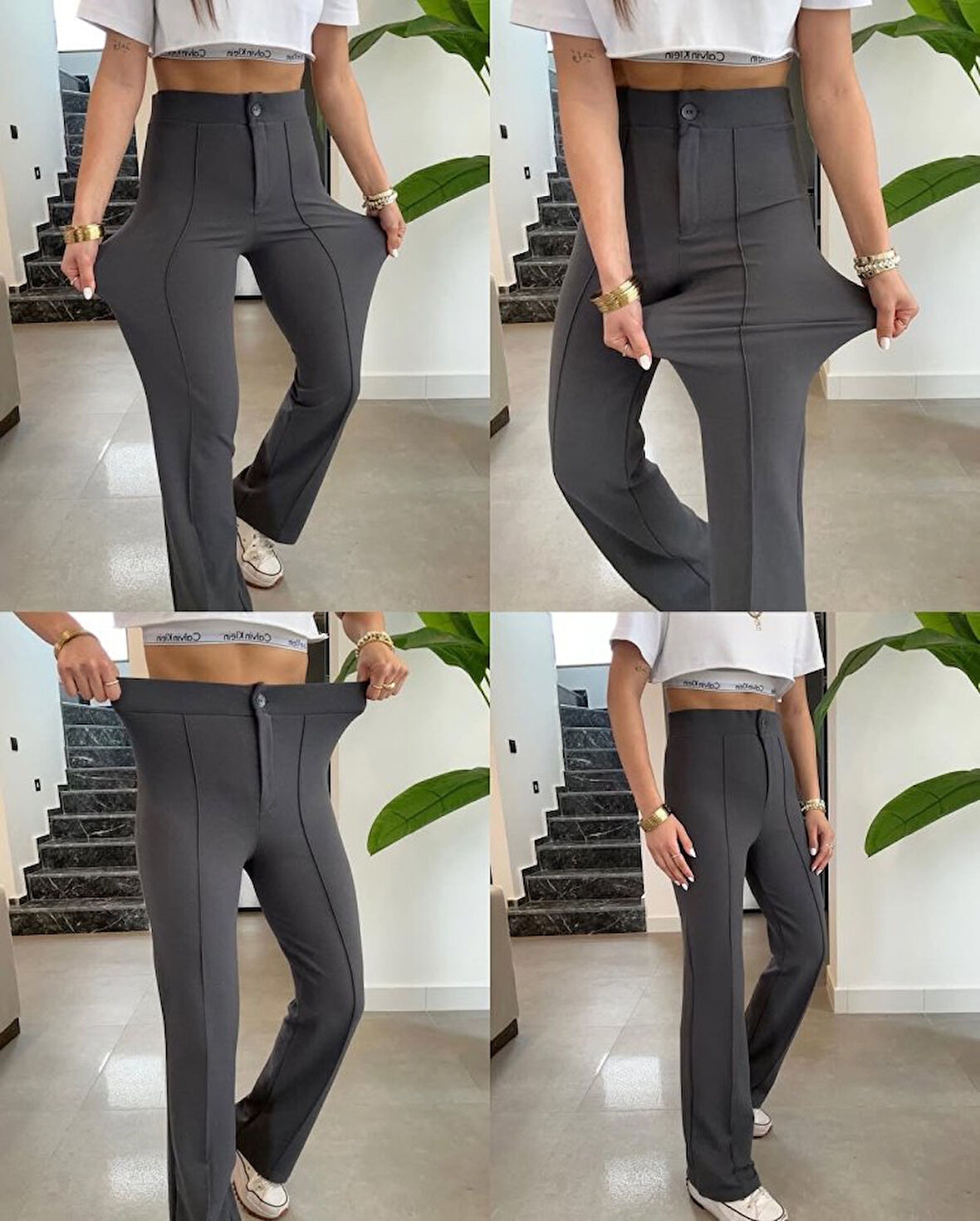 leyla sanat sanata yeni bir bakış açısı Kadın Yüksek Bel Full Likralı Krep Kumaş Pantolon