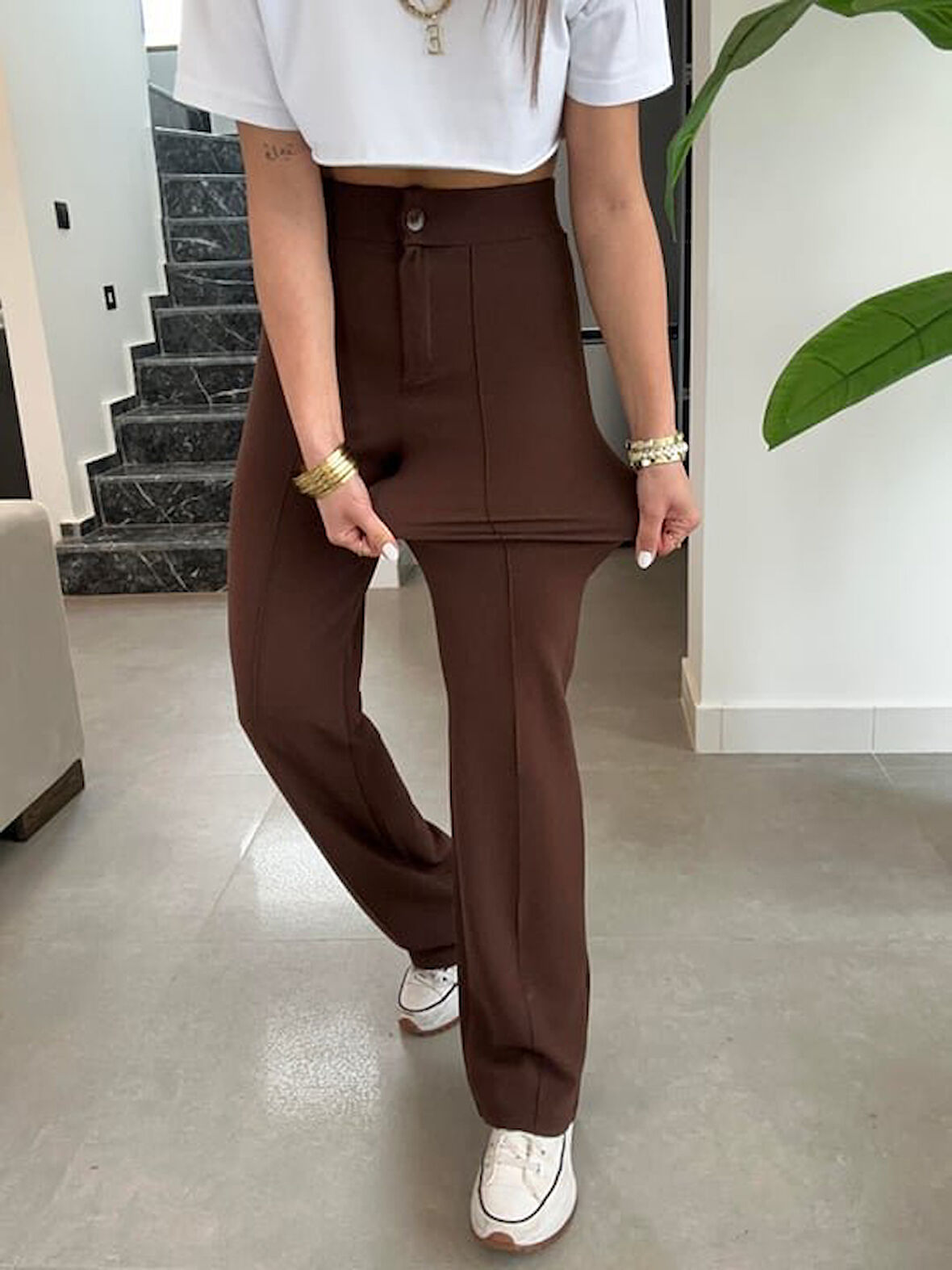 leyla sanat sanata yeni bir bakış açısı Kadın Yüksek Bel Full Likralı Krep Kumaş Pantolon