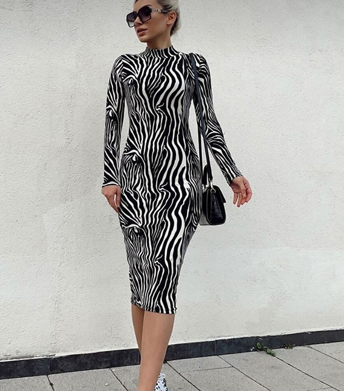 leyla sanat sanata yeni bir bakış açısı Kadın Zebra Desen Süet Kumaş Fırsat ürün Midi Boy Elbise