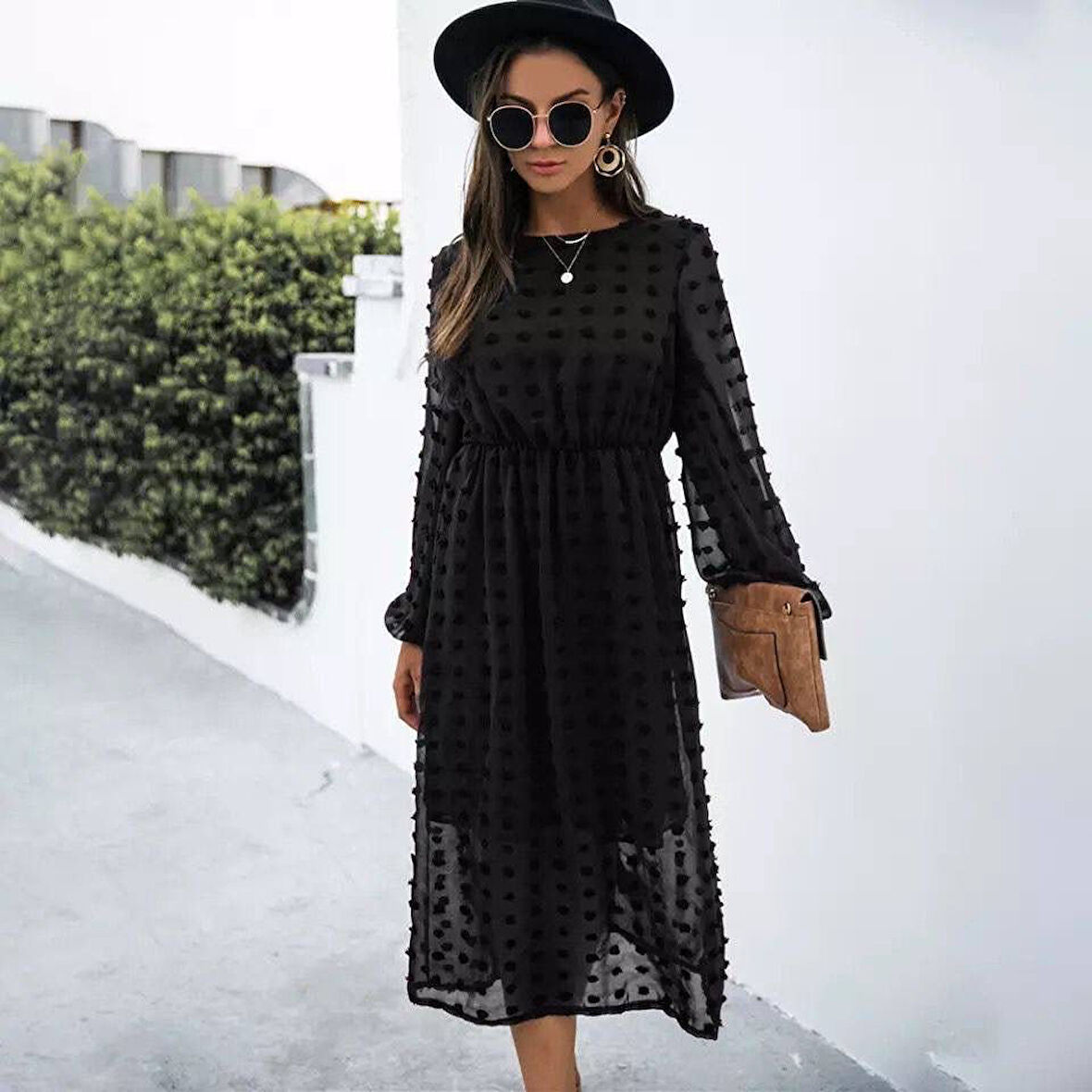 leyla sanat sanata yeni bir bakış açısı Kadın Uzun Kollu Astar Detay Fırsat ürün Ponpon şifon Elbise