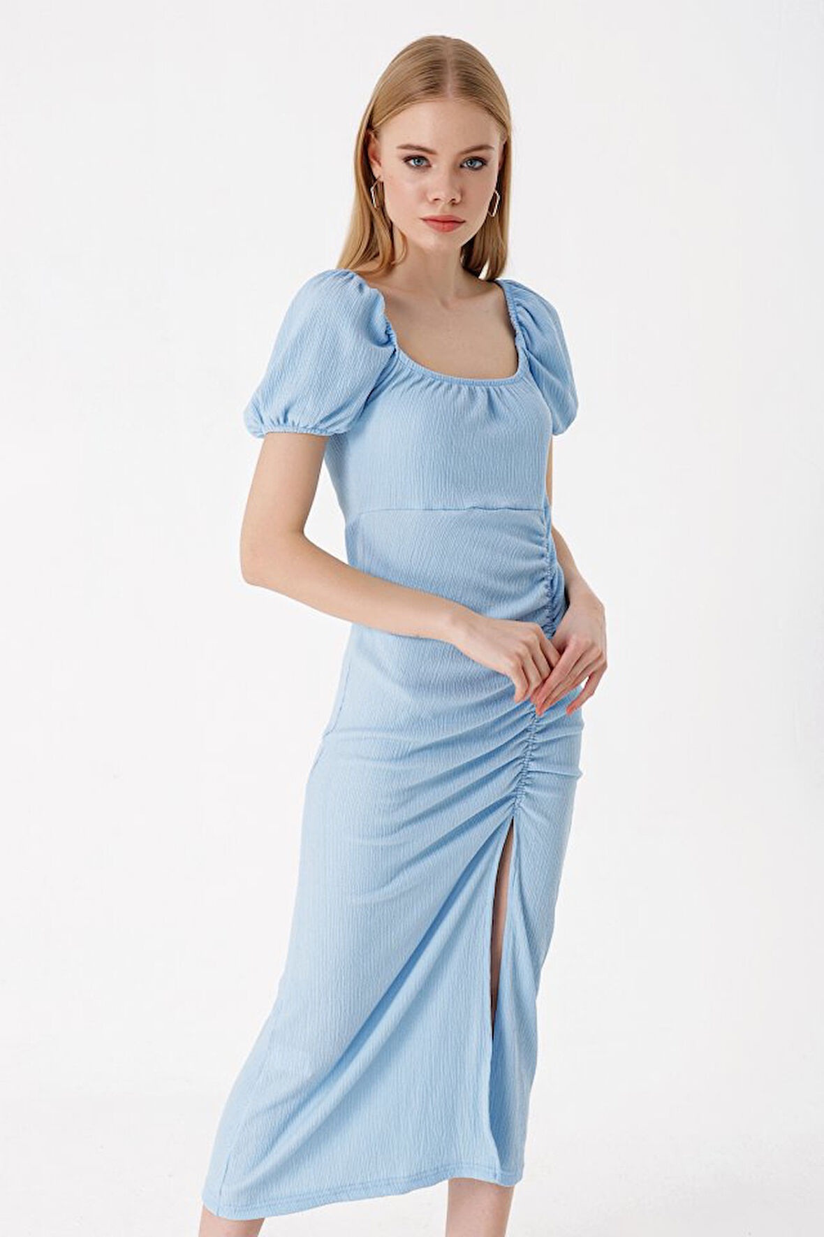 leyla sanat sanata yeni bir bakış açısı 2396 Yırtmaçlı Yazlık Örme Elbise - Mavi