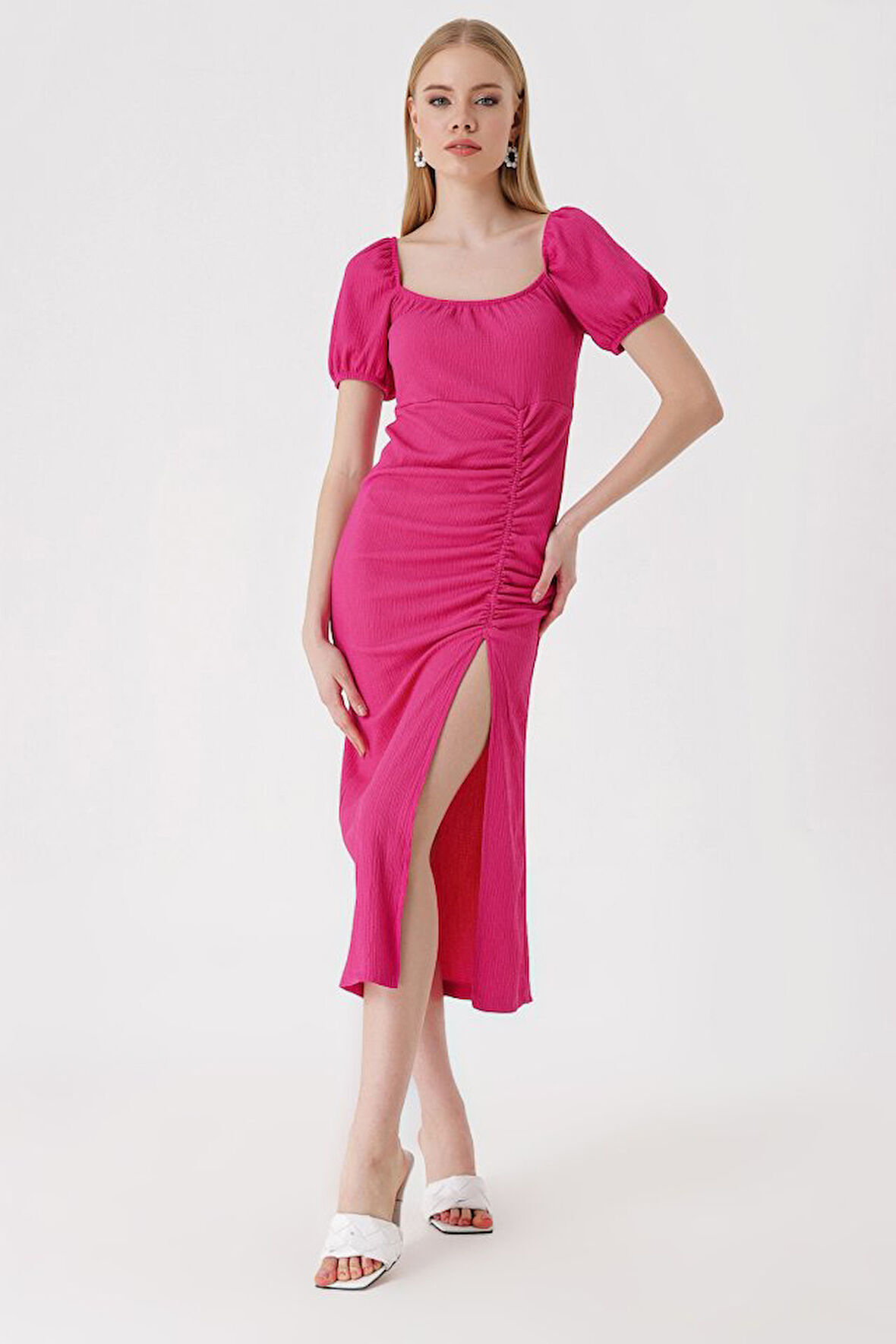 leyla sanat sanata yeni bir bakış açısı 2396 Yırtmaçlı Yazlık Örme Elbise - Fuşya