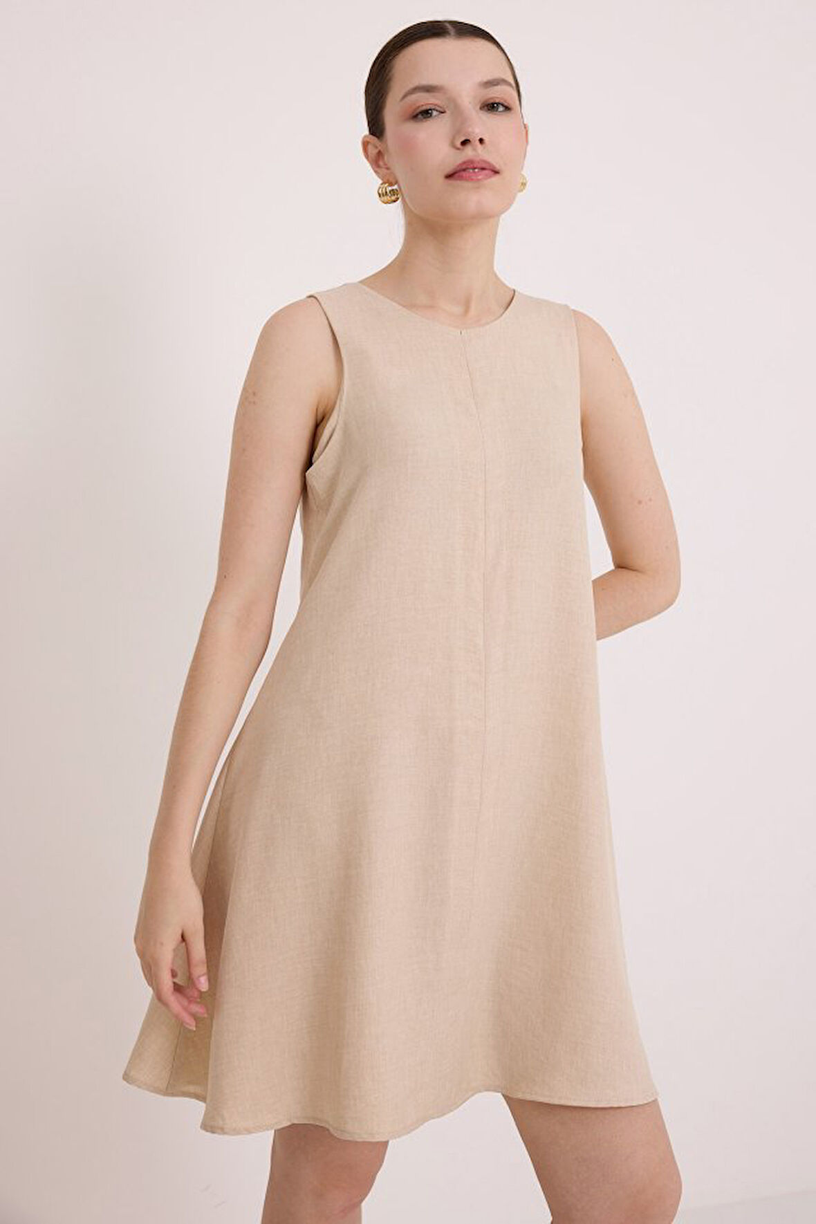 leyla sanat sanata yeni bir bakış açısı Mini Keten Elbise - Bej