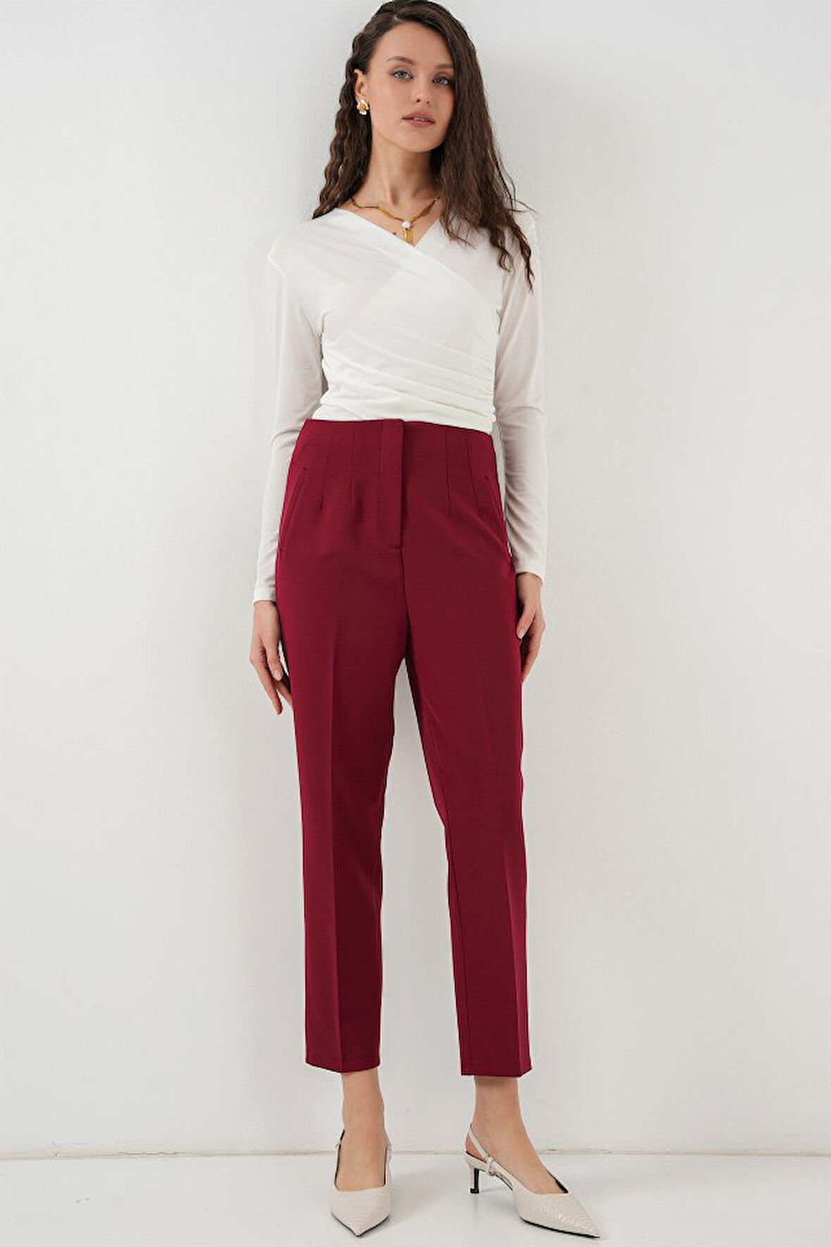 leyla sanat sanata yeni bir bakış açısı 6650 Yüksek Bel Kumaş Pantolon - Bordo