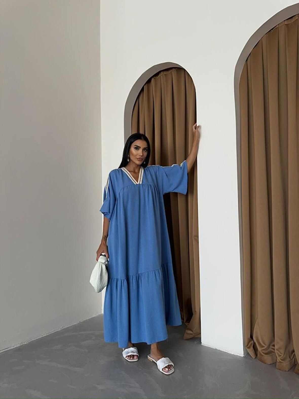 leyla sanat sanata yeni bir bakış açısı YAKA-KOL HASIR BİYE ŞERİTLİ KETEN SALAŞ ELBİSE - Mavi