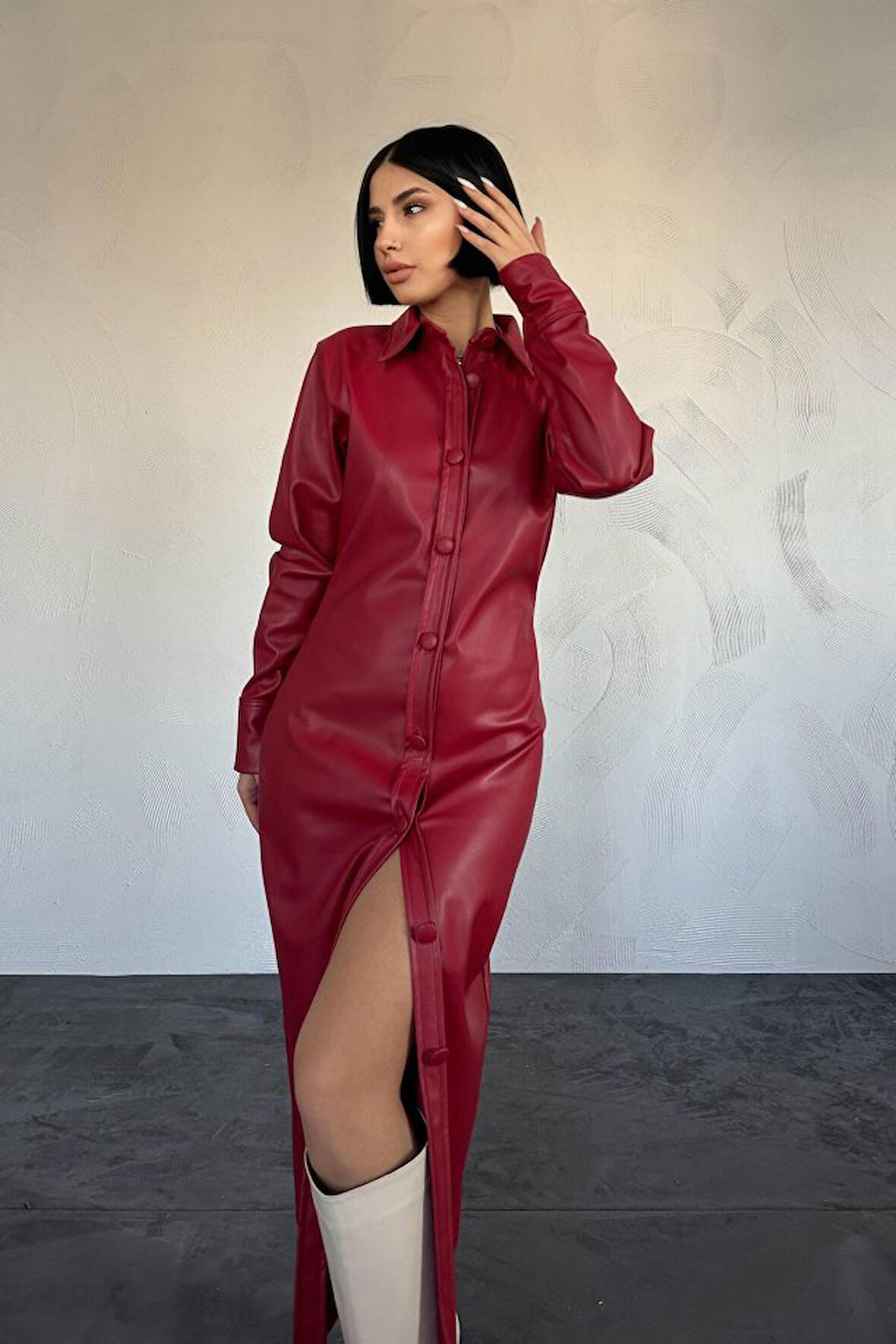 leyla sanat sanata yeni bir bakış açısı Fuşya Boydan Düğmeli Deri Elbise