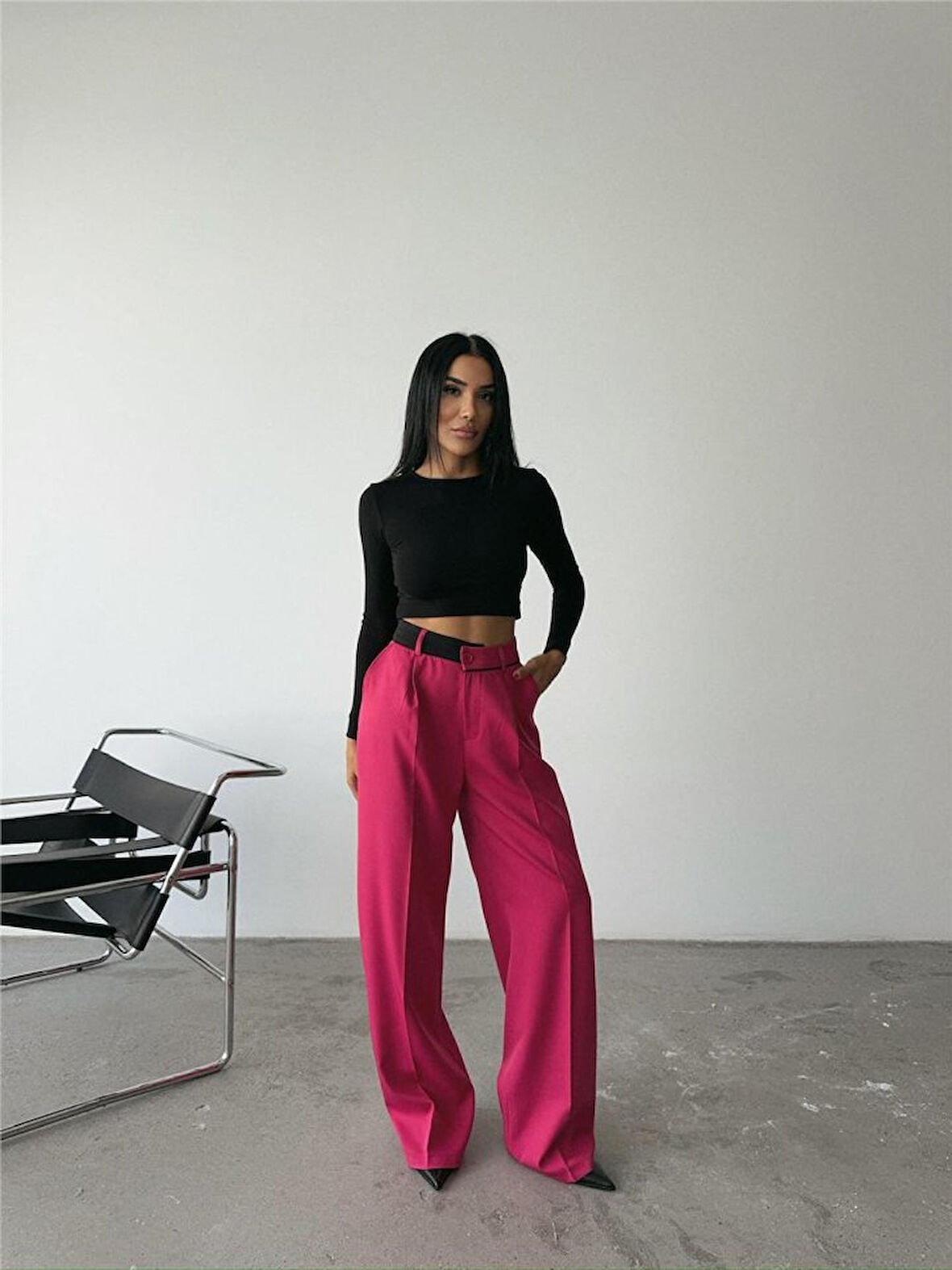 leyla sanat sanata yeni bir bakış açısı PALAZZO PANTOLON BEL ŞERİT DETAYLI - Fuşya