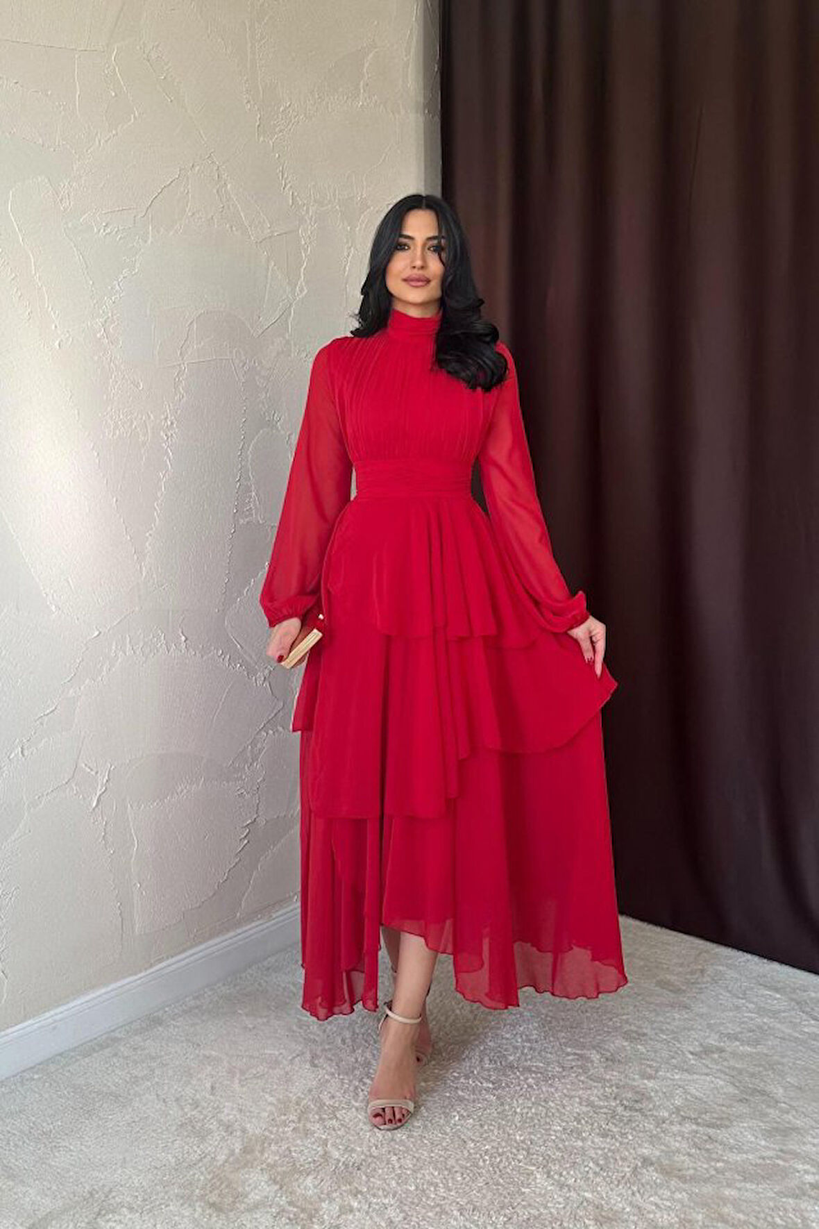 leyla sanat sanata yeni bir bakış açısı Kırmızı Bel Detaylı Elbise