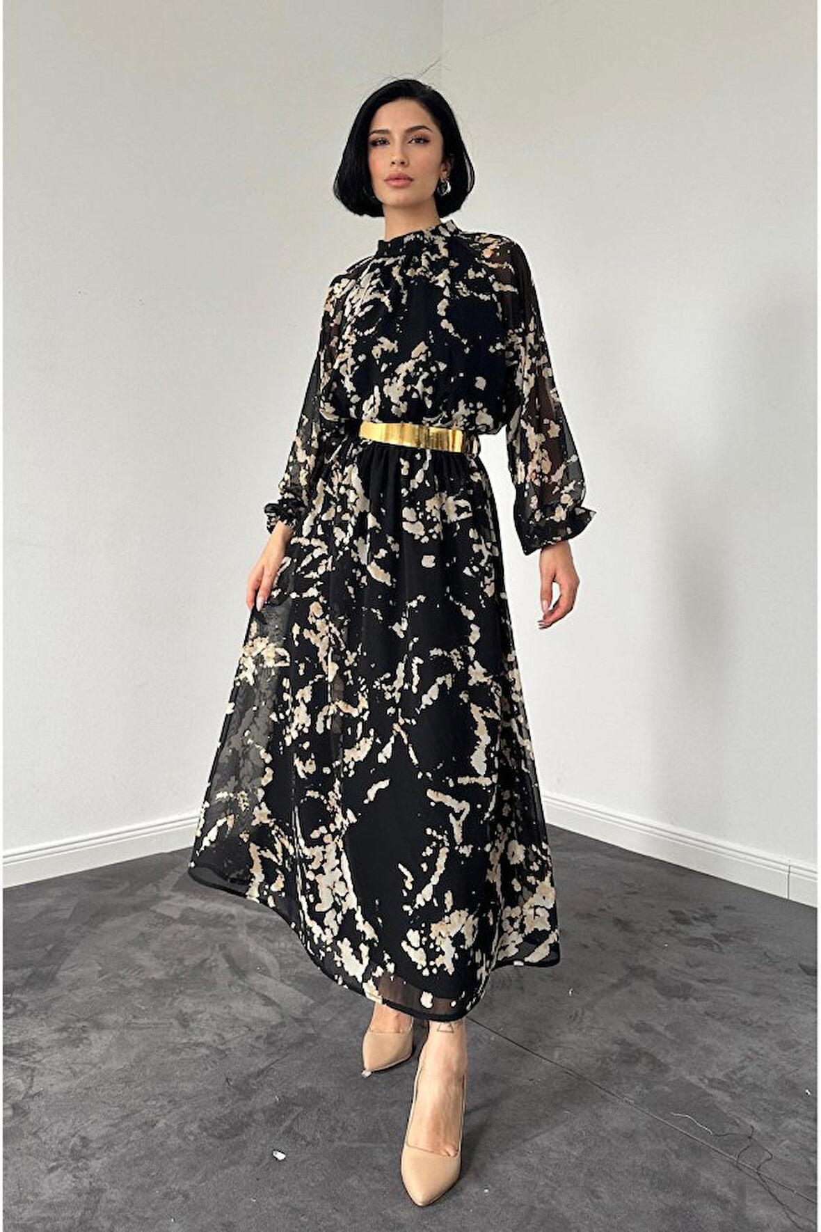 leyla sanat sanata yeni bir bakış açısı Siyah Reglan Kol Baskılı Elbise