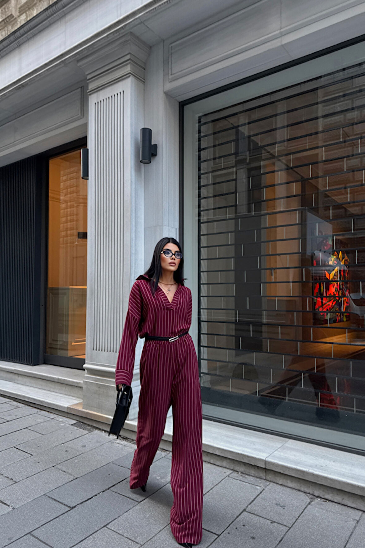 leyla sanat sanata yeni bir bakış açısı ÇİZGİLİ BLUZ  - PANTOLON TAKIM - Bordo