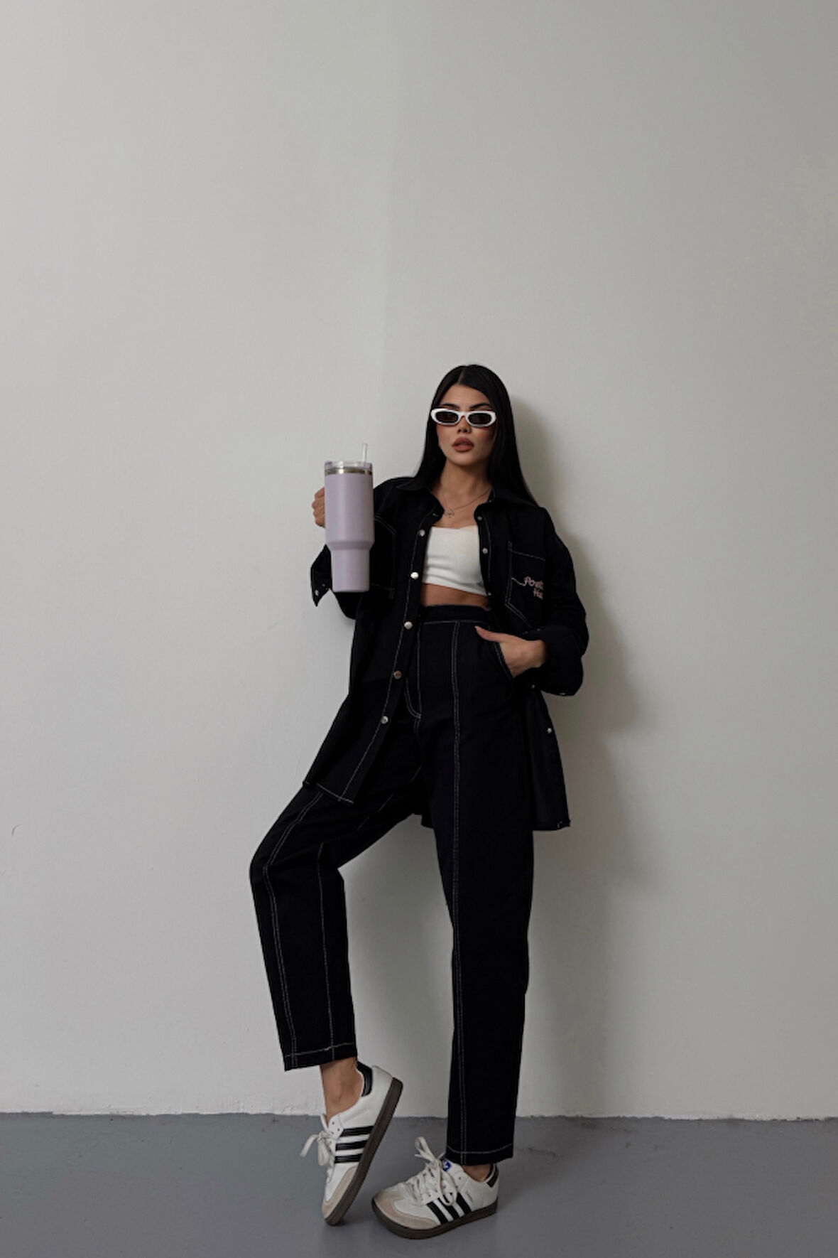 leyla sanat sanata yeni bir bakış açısı DENİM PUNTOLU GÖMLEK-PANTOLON TAKIM - Pembe