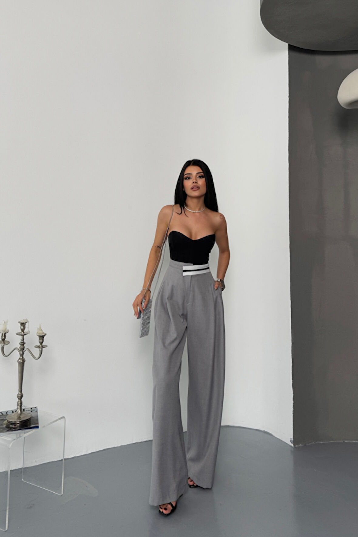 leyla sanat sanata yeni bir bakış açısı PANTOLON BEL ŞERİT DETAYLI - Gri