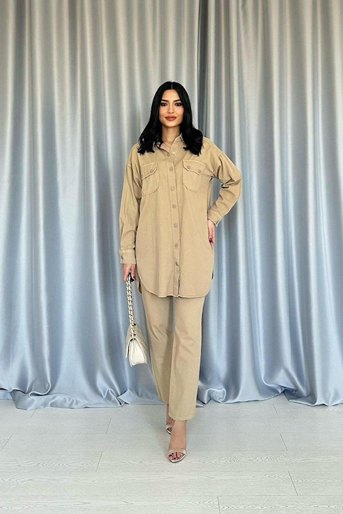 leyla sanat sanata yeni bir bakış açısı Camel Yıkamalı Gömlek Ve Pantolon Takım