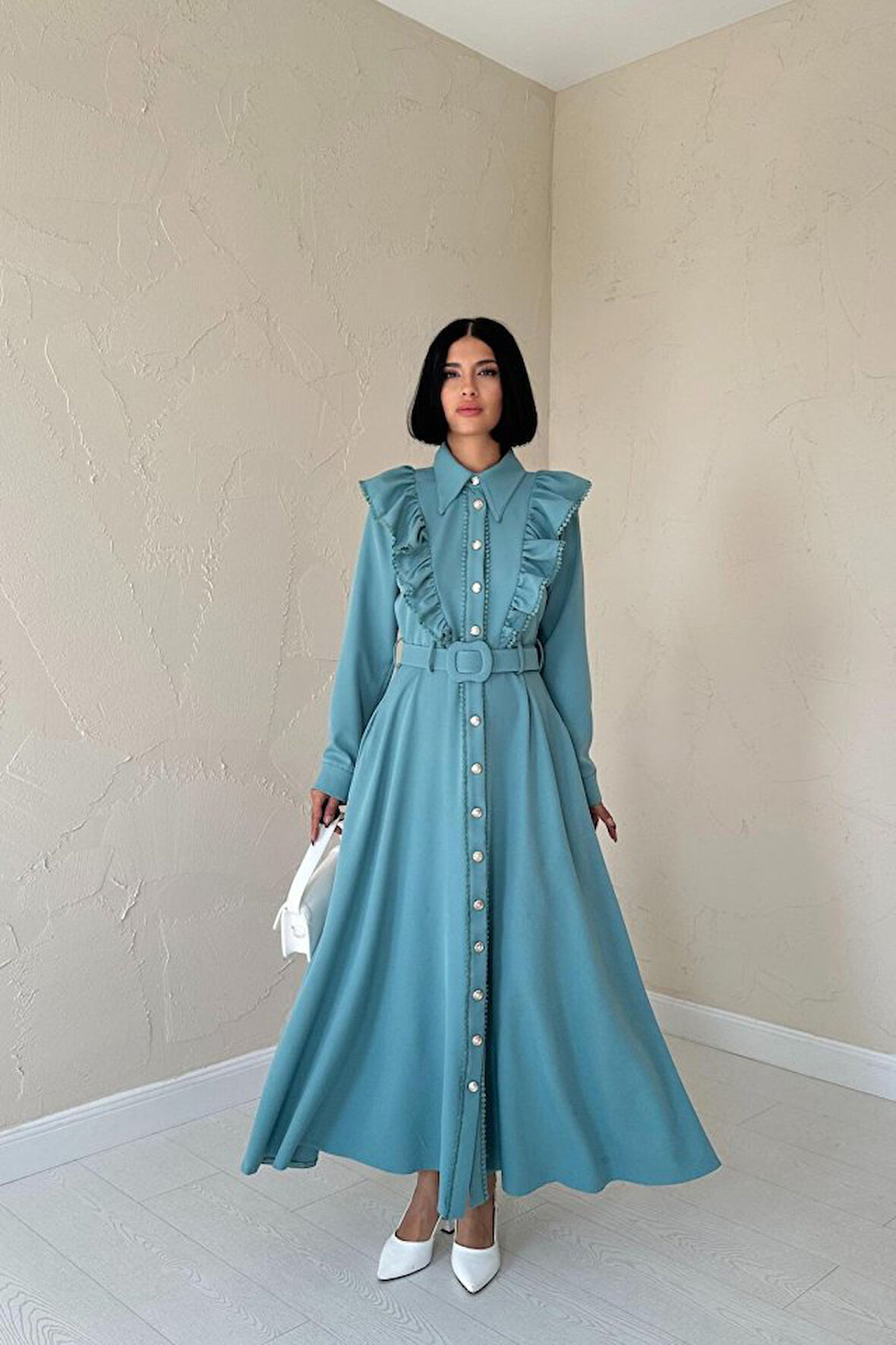 leyla sanat sanata yeni bir bakış açısı Mint Fırfırlı Dantelli Elbise