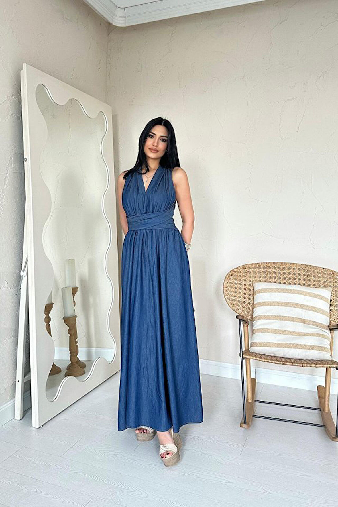 leyla sanat sanata yeni bir bakış açısı Mavi Tencel Bağlamalı Elbise