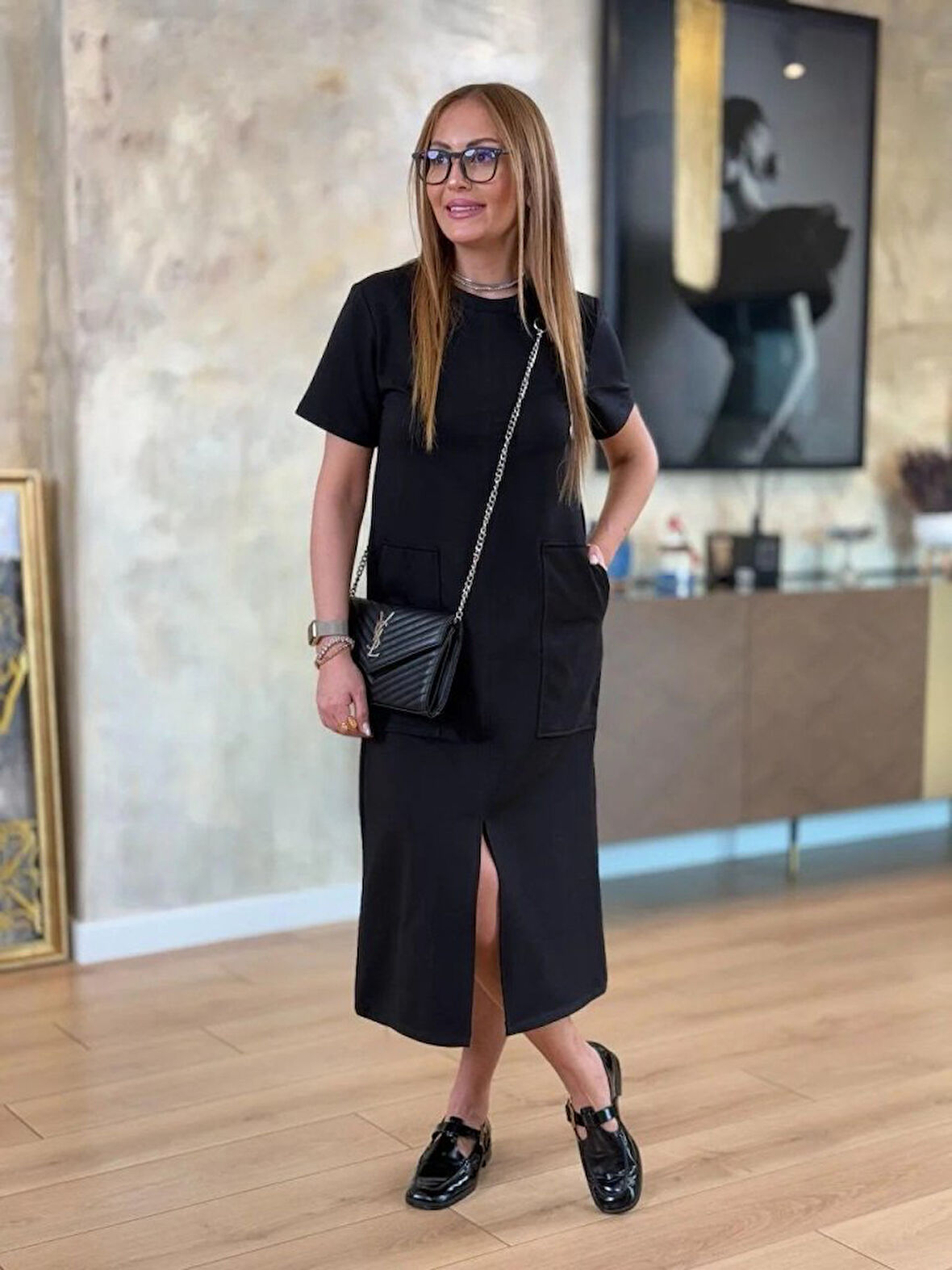 leyla sanat sanata yeni bir bakış açısı Kadın Kısa Kollu Bisiklet Yakalı Cepli önden Yırtmaçlı Viskon Iki Iplik Midi Elbise