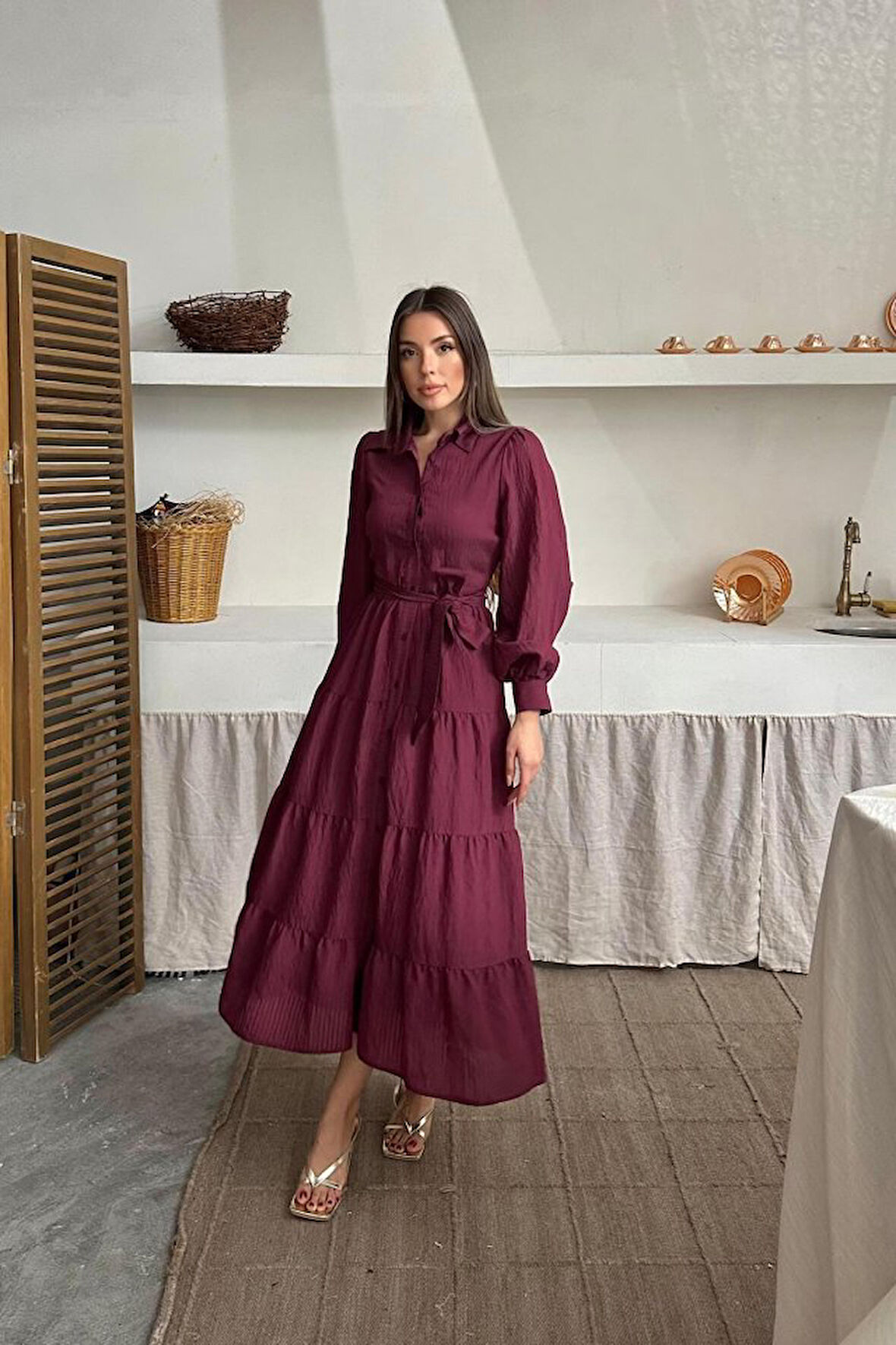 leyla sanat sanata yeni bir bakış açısı Bordo Çizgi Desenli Uzun Elbise