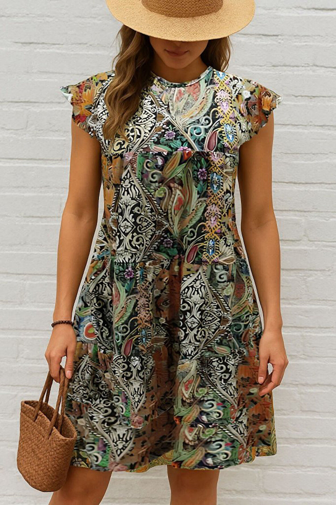 leyla sanat sanata yeni bir bakış açısı Kadın Kısa Kollu Kolları Fırfırlı Bisiklet Yakalı Kare Desenli Elbise