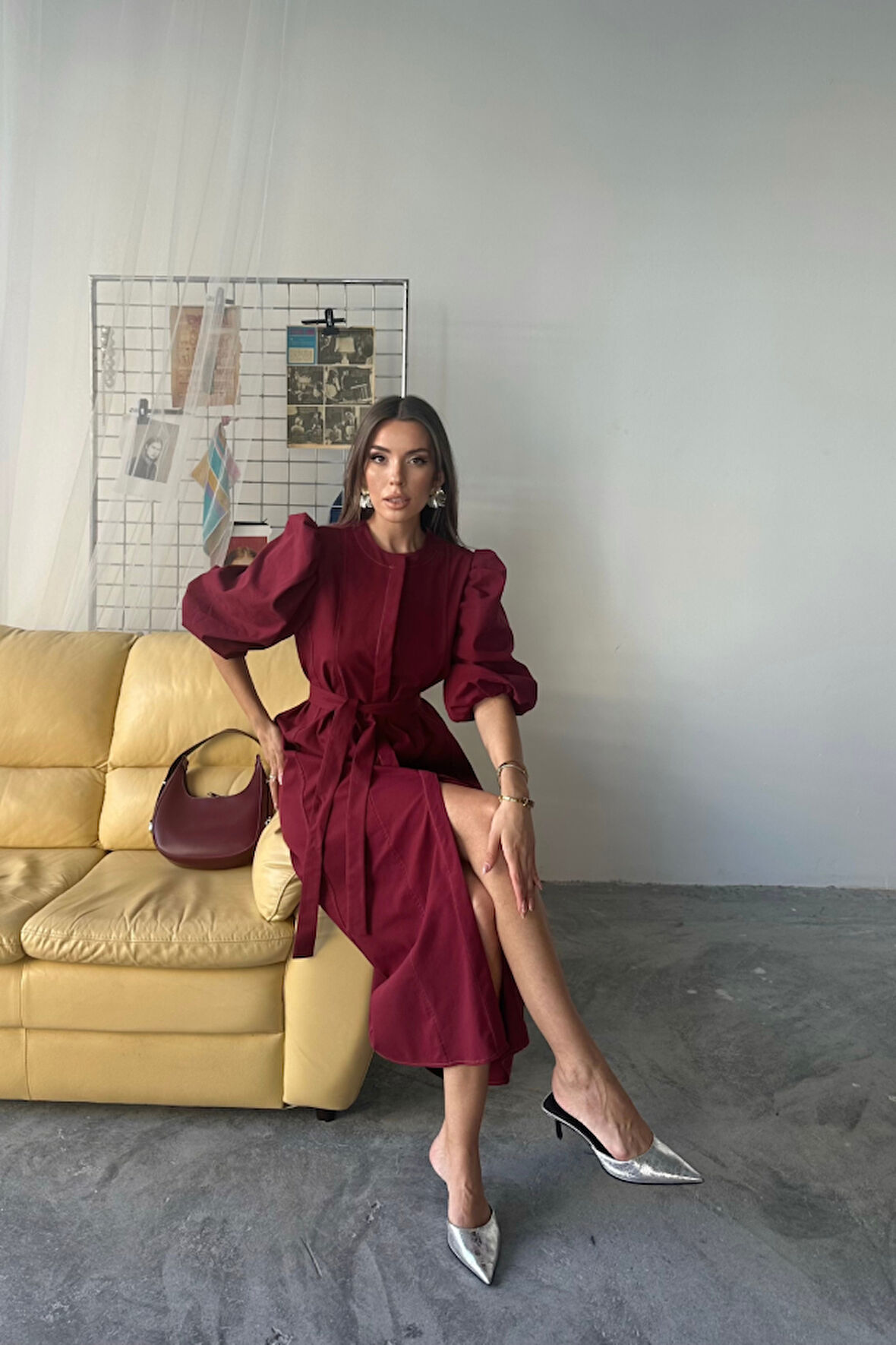 leyla sanat sanata yeni bir bakış açısı TENCEL KARPUZ KOL ELBİSE - Bordo