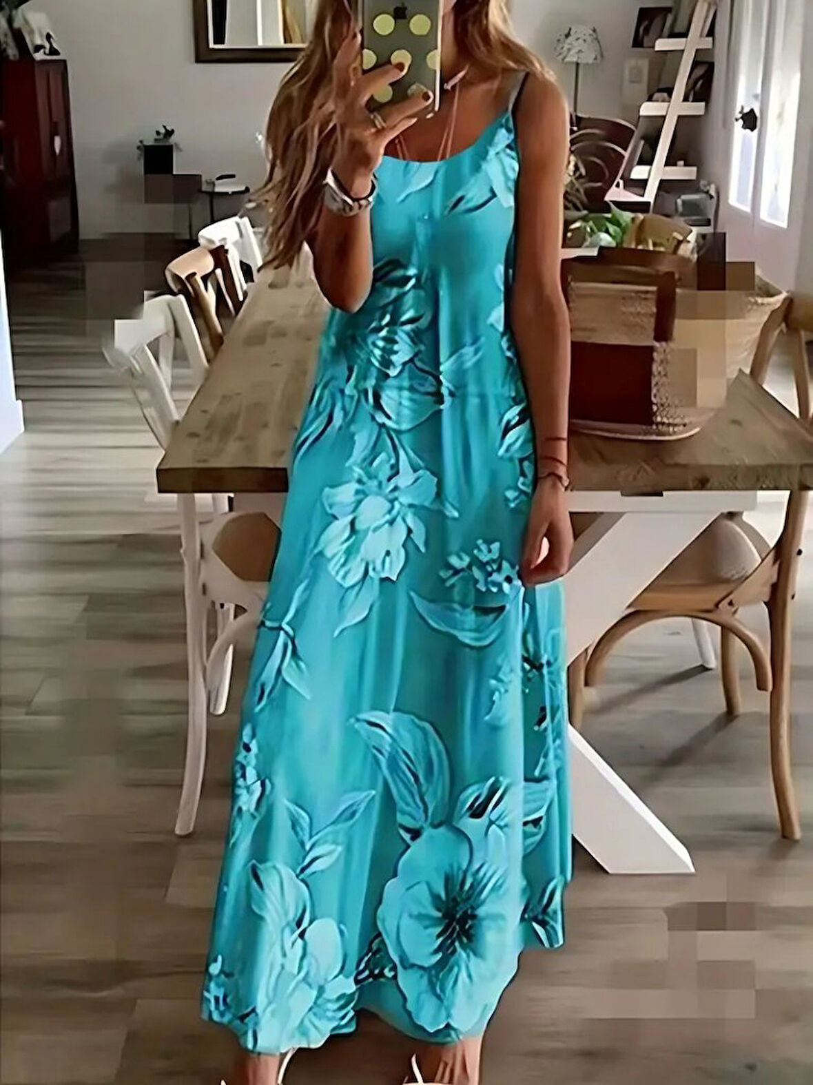 leyla sanat sanata yeni bir bakış açısı Kadın Askılı Yuvarlak Yaka Etek Geniş Kesim Desenli Süprem Elbise