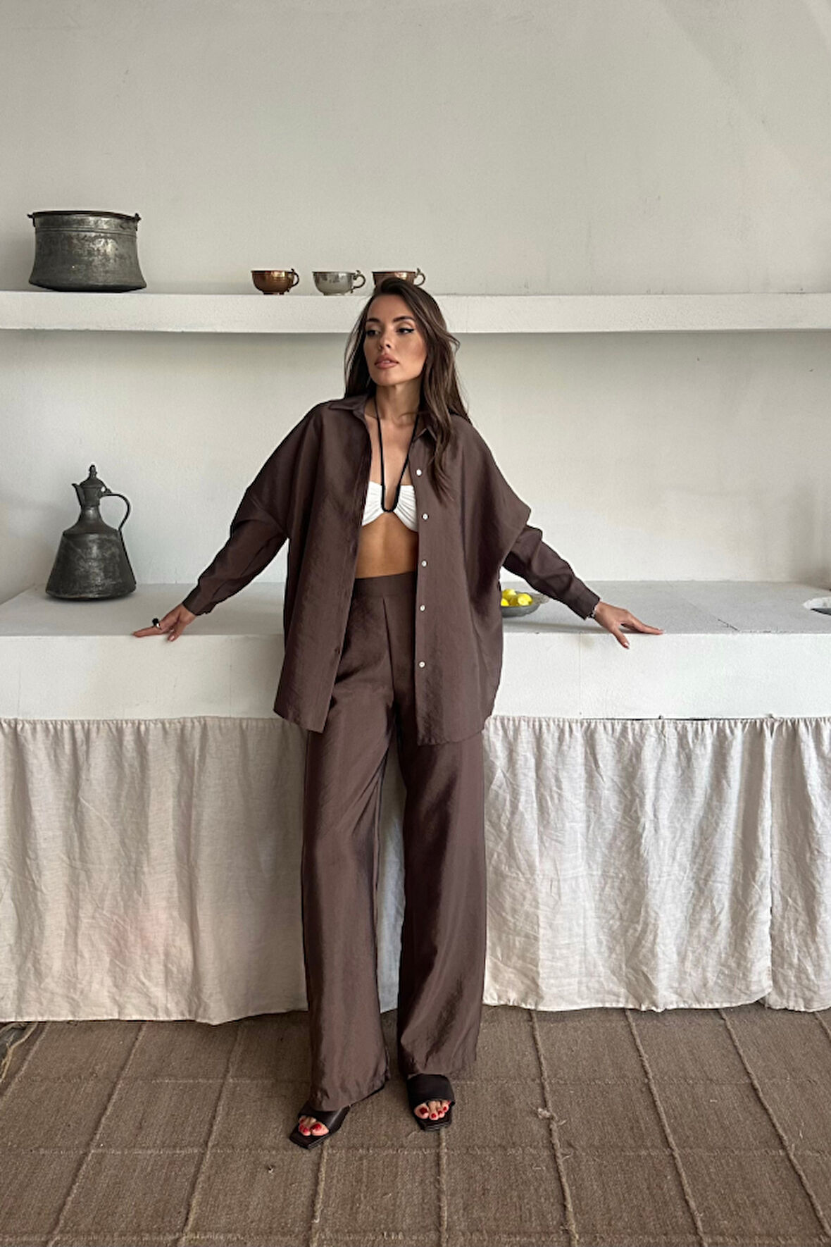 leyla sanat sanata yeni bir bakış açısı GÖMLEK-PANTOLON TAKIM CUPRA KUMAŞ - Kahverengi