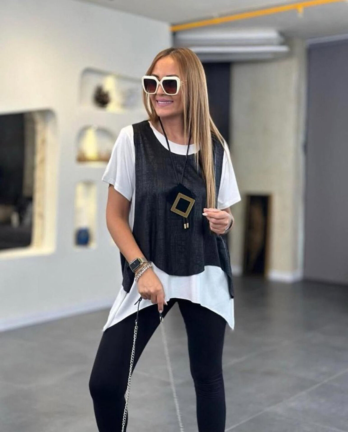 leyla sanat sanata yeni bir bakış açısı Kadın Kısa Kollu Bisiklet Yaka Yelek Bluz Asimetrik Kesim İkili Takım