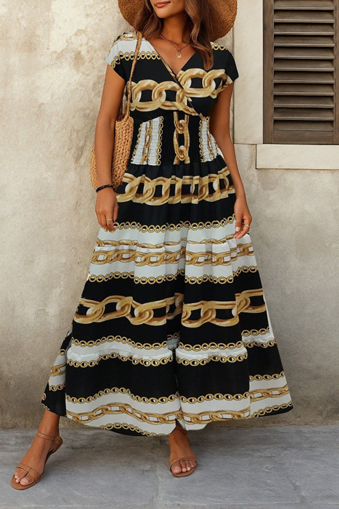 leyla sanat sanata yeni bir bakış açısı Kadın Kısa Kollu Kruvaze Yaka Beli Lastikli Süprem Maksi Boy Elbise