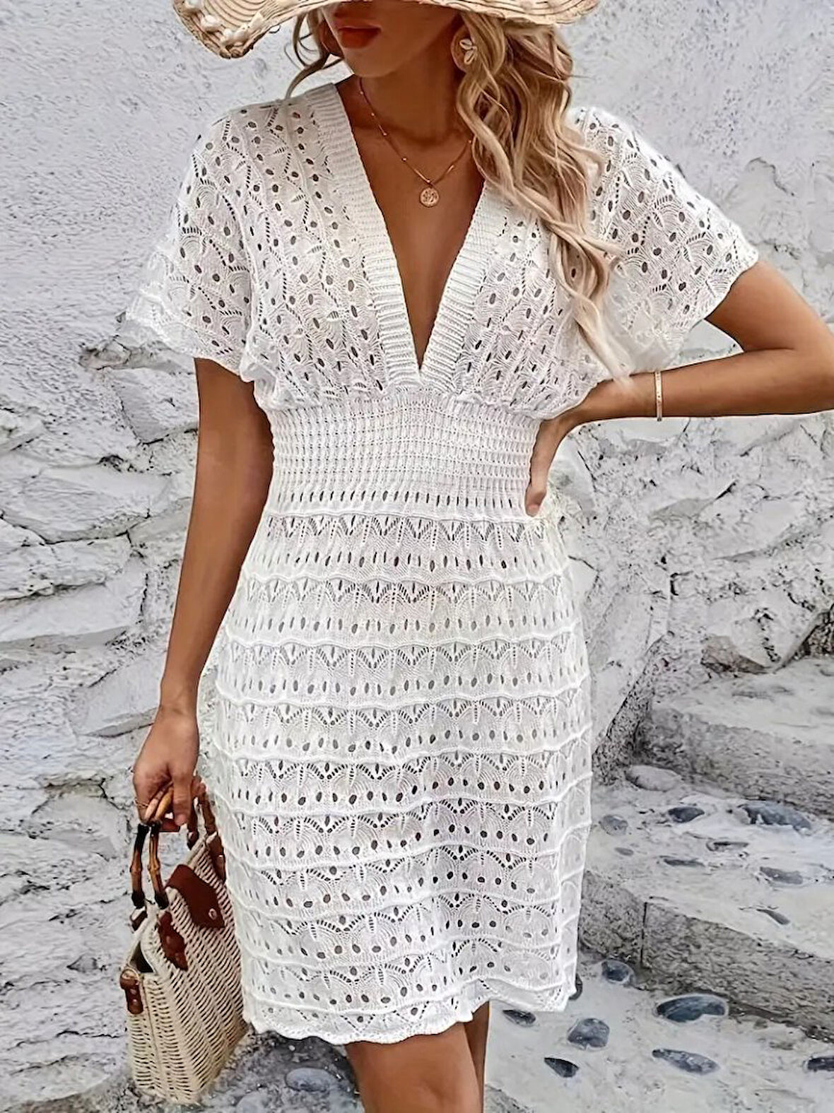 leyla sanat sanata yeni bir bakış açısı Kadın Kısa Kollu V Yakalı örme Triko Elbise