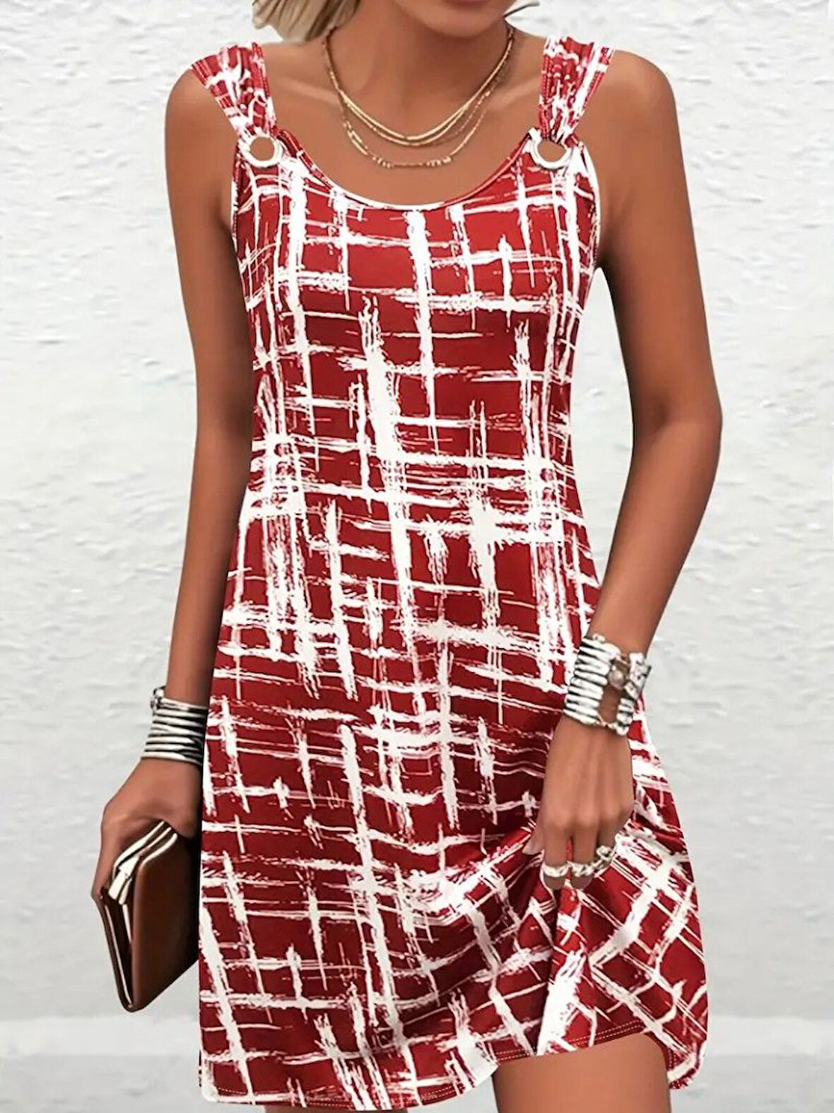 leyla sanat sanata yeni bir bakış açısı Kadın Askılı Kuş Gözü Detaylı Desenli Süprem Elbise