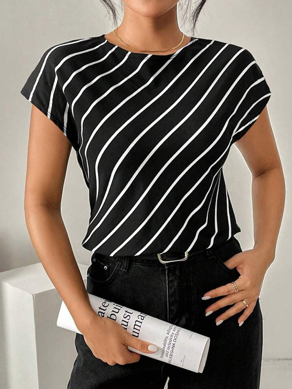 leyla sanat sanata yeni bir bakış açısı Kadın Kısa Yarasa Kollu Bisiklet Yaka çizgi Desenli Atlas Bluz