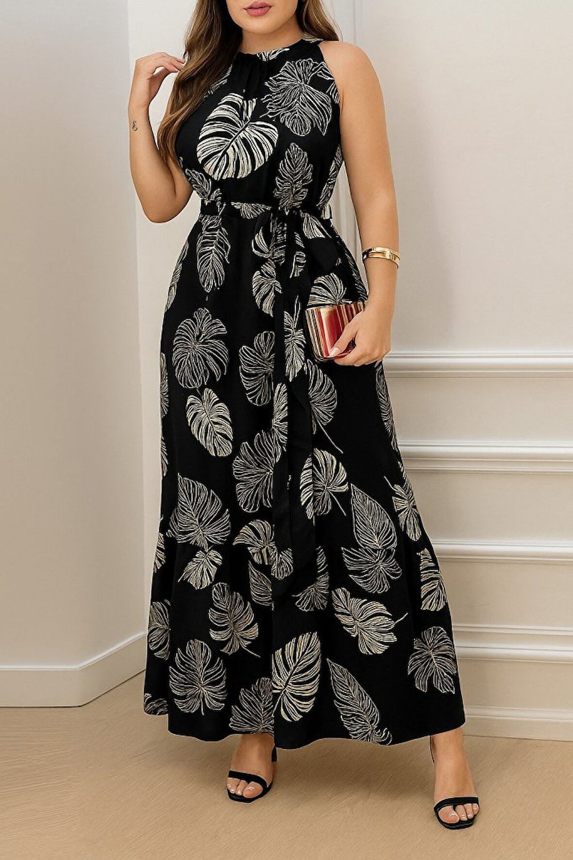 leyla sanat sanata yeni bir bakış açısı Kadın Sıfır Kok Bağcıklı Kemerli Etek Ucu Fırfırlı Desenli Süprem Elbise