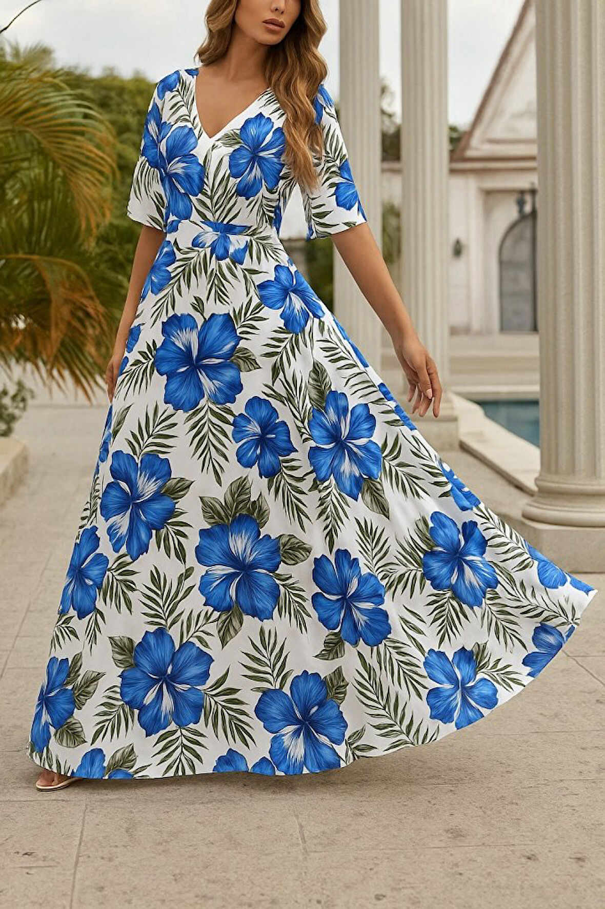 leyla sanat sanata yeni bir bakış açısı Kadın Kısa Kollu V Yakalı Desenli Süprem Elbise