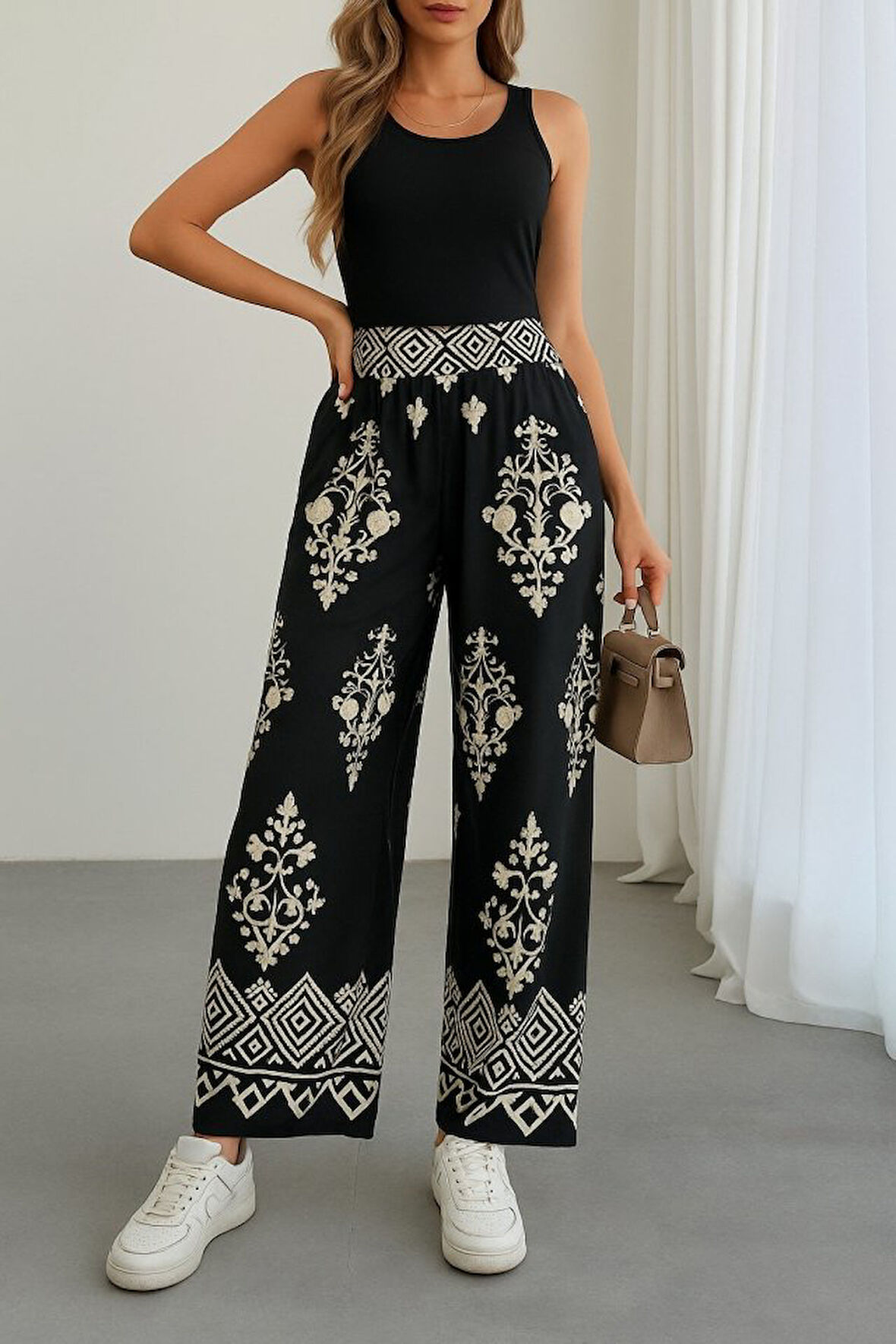 leyla sanat sanata yeni bir bakış açısı Kadın Yüksek Bel Desenli Lastikli Süprem Pantolon