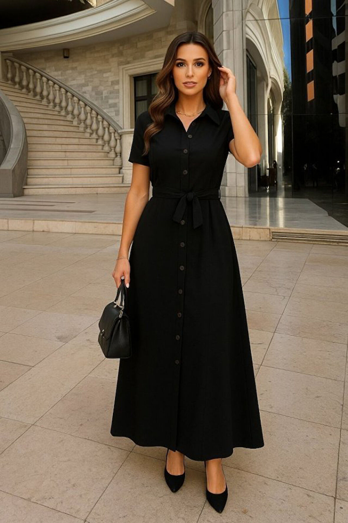 leyla sanat sanata yeni bir bakış açısı Kadın Kısa Kollu Yakalı önden Düğmeli Beli Kuşaklı Ithal Keten Elbise