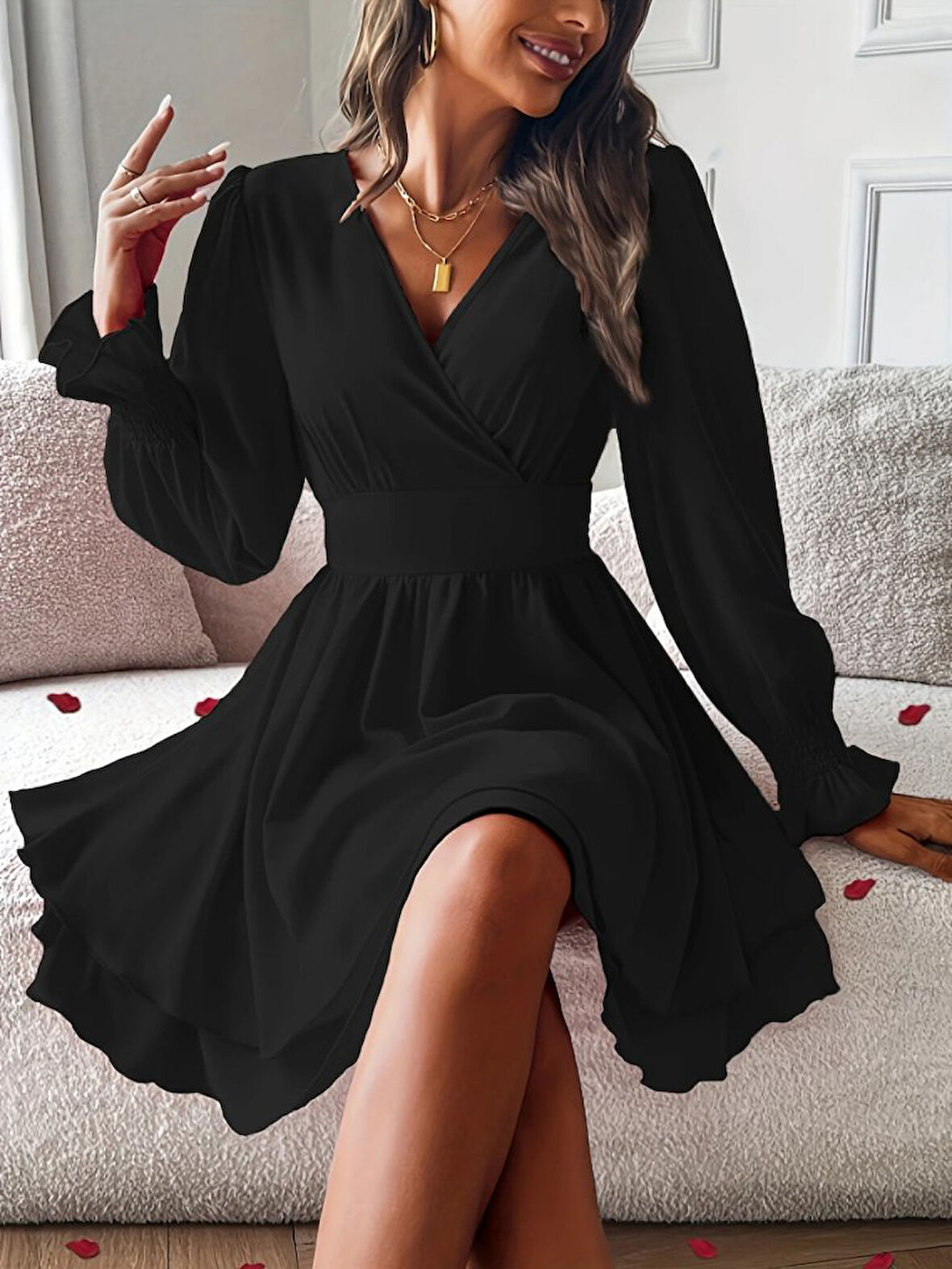 leyla sanat sanata yeni bir bakış açısı Kadın Uzun Kollu Kruvaze Yakalı Mini Sandy Elbise