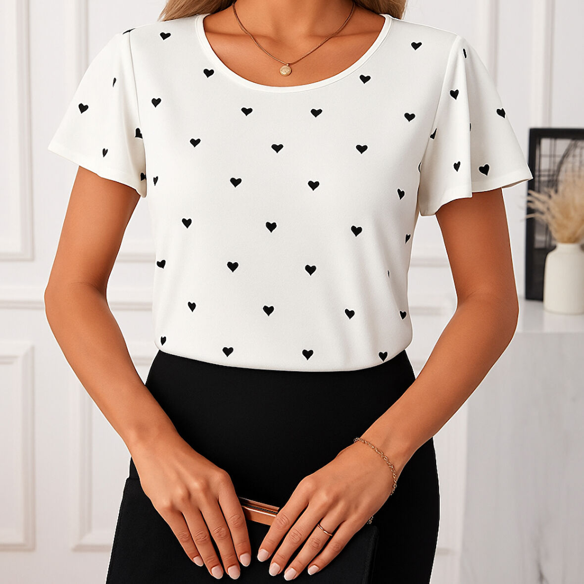 leyla sanat sanata yeni bir bakış açısı Kadın Kısa Kelebek Kollu Bisiklet Yaka Kalp Desenli Süprem Bluz