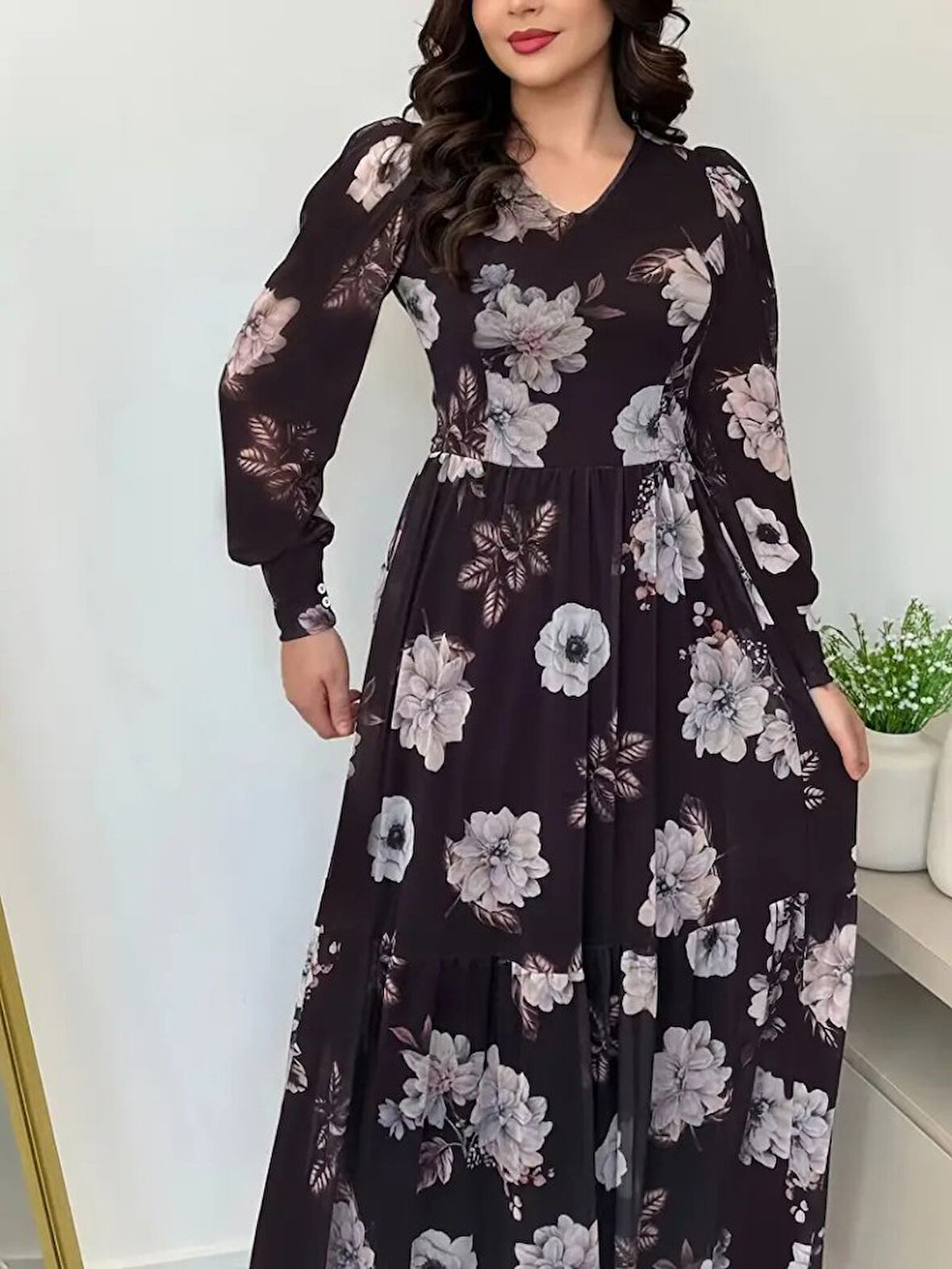 leyla sanat sanata yeni bir bakış açısı Kadın Uzun Kollu V Yakalı çiçek Desenli Maxi Süprem Elbise