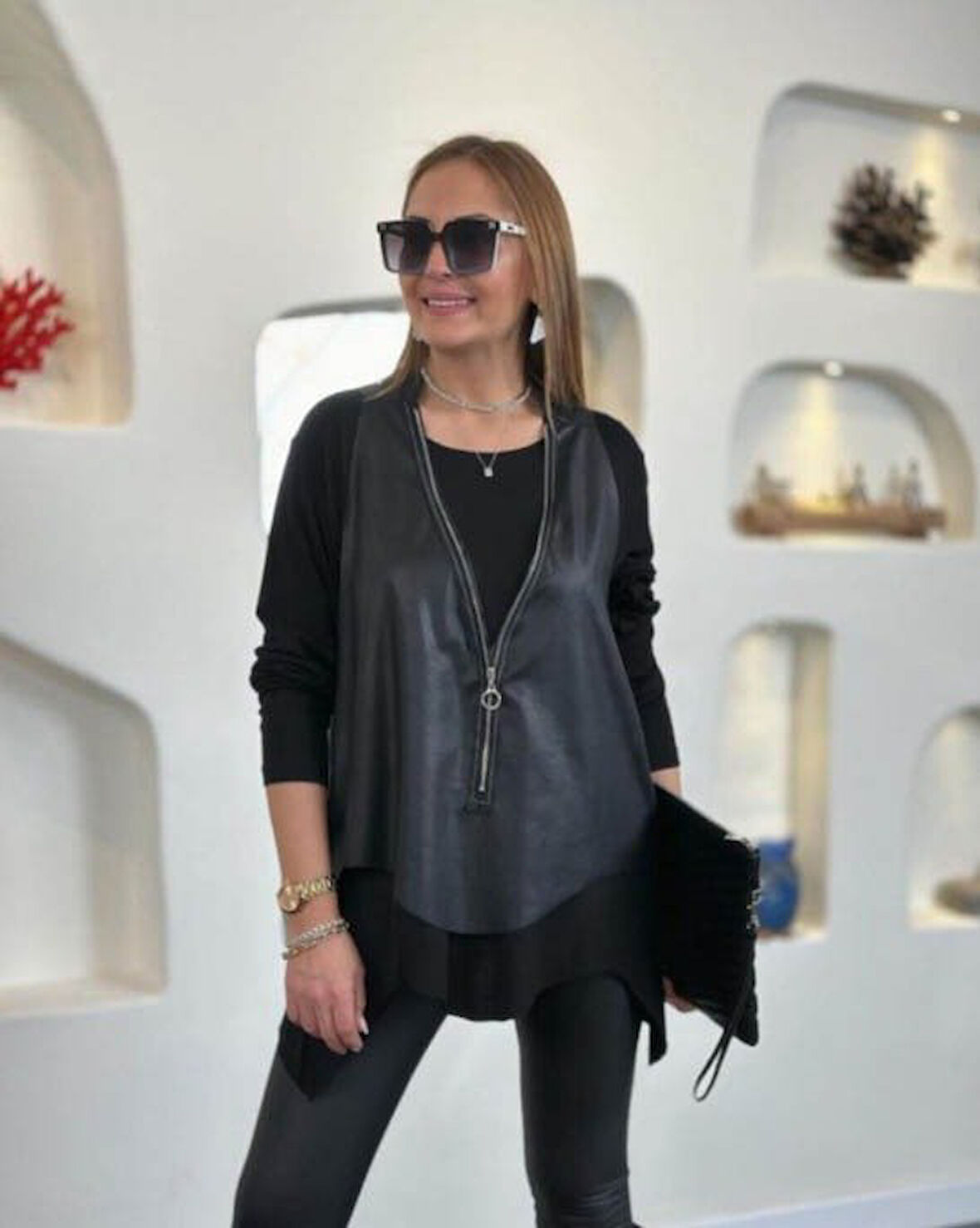 leyla sanat sanata yeni bir bakış açısı Kadın Uzun Kollu Asimetrik Kesim Viskon Bluz Ve çatlak Deri Görünümlü Yelek Ikili Takım