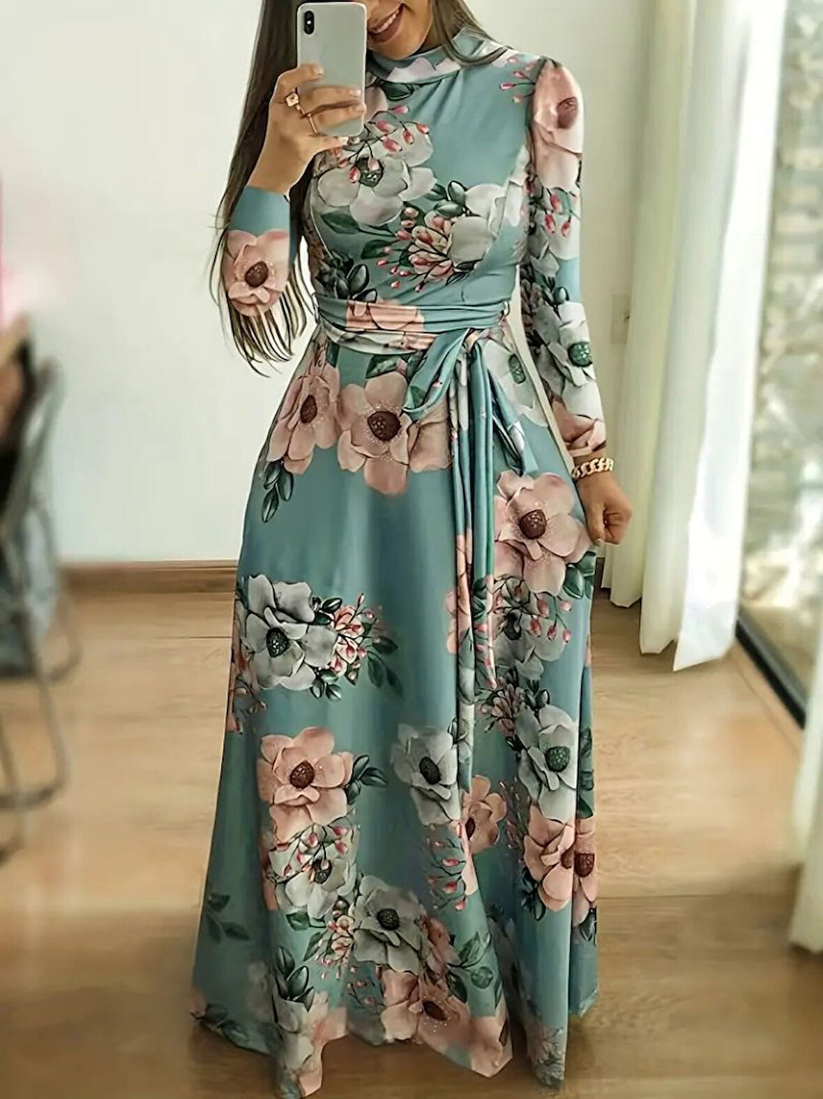 leyla sanat sanata yeni bir bakış açısı Kadın Uzun Kollu Yuvarlak Yakalı Beli Kuşaklı Desenli Süprem Uzun Elbise
