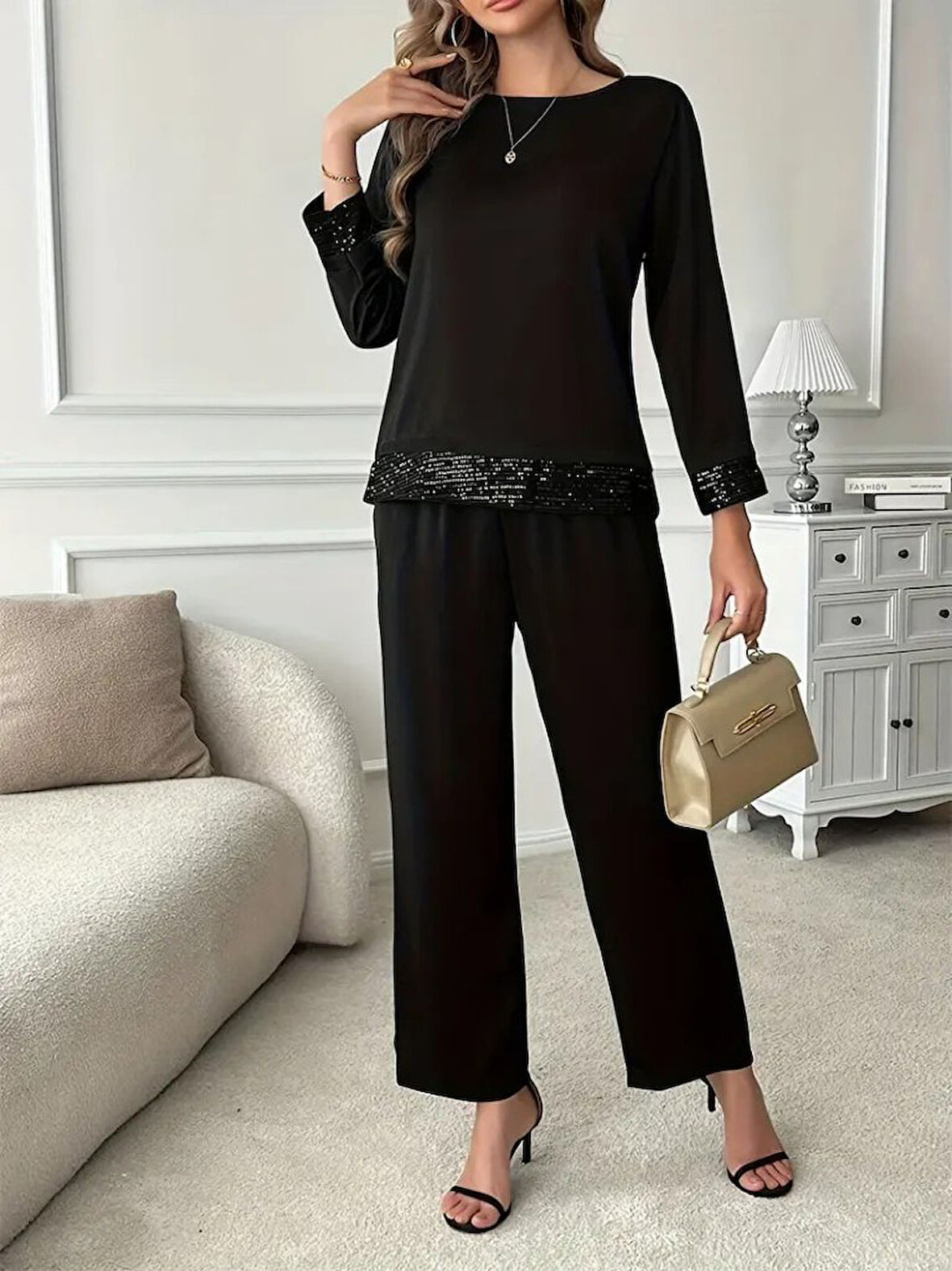 leyla sanat sanata yeni bir bakış açısı Kadın Uzun Kollu Bisiklet Yaka Pulpayetli Viskon Iki Iplik Bluz Ve Pantolon Ikili Takım