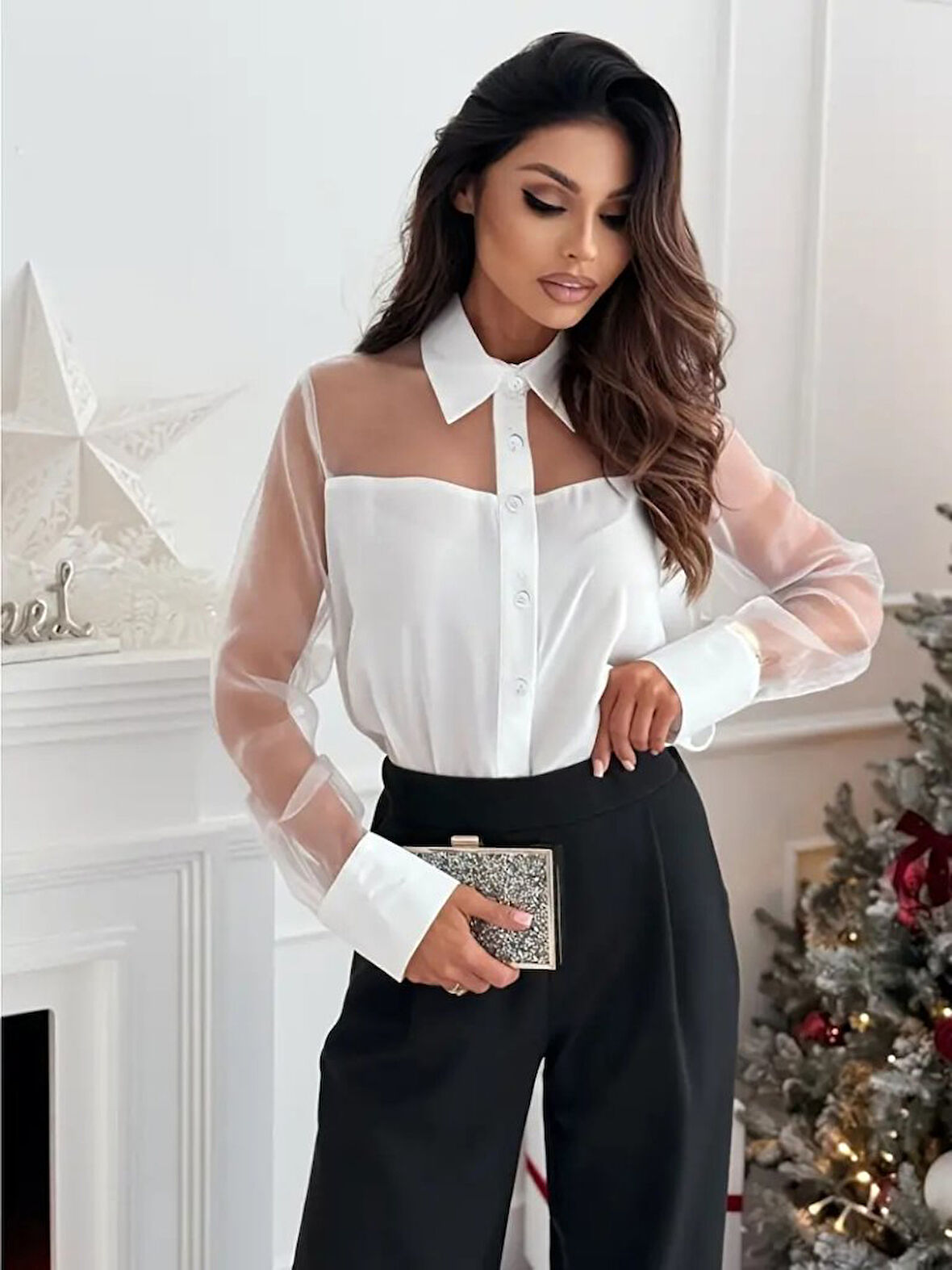 leyla sanat sanata yeni bir bakış açısı Kadın Uzun Kollu Yakalı önden Düğmeli Tül Detaylı Dokuma Viskon Bluz