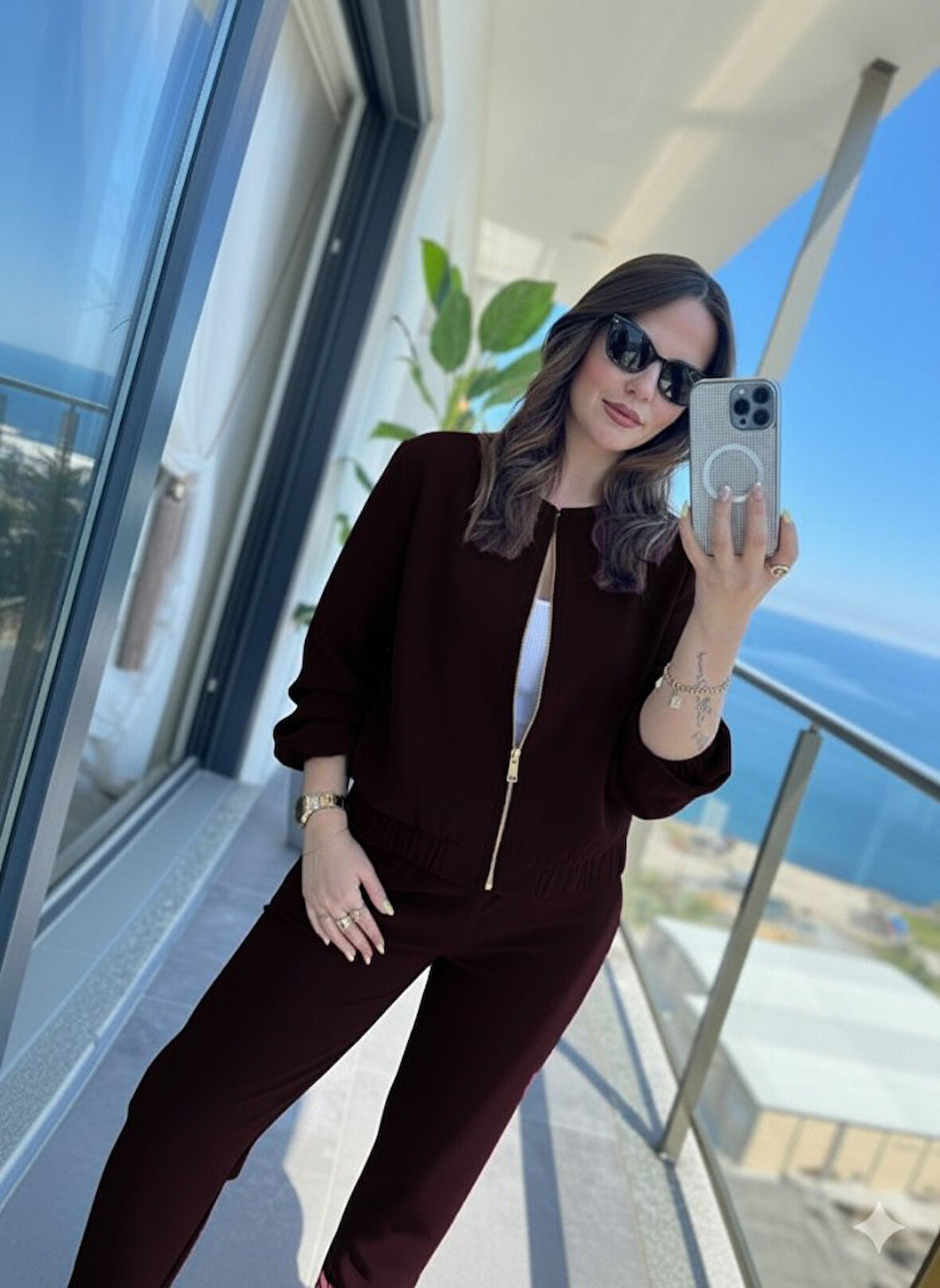 leyla sanat sanata yeni bir bakış açısı Kadın Uzun Kollu önden Fermuarlı Modal Ceket Ve Pantolon Ikili Takım
