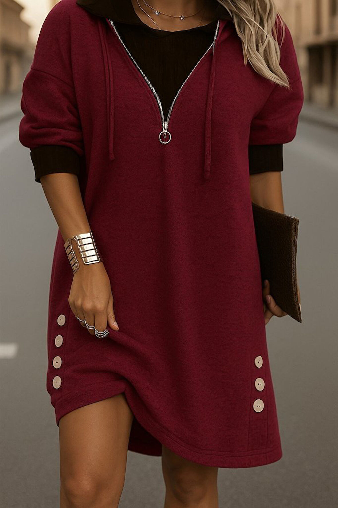 leyla sanat sanata yeni bir bakış açısı Kadın Uzun Kollu Kapşonlu önden Fermuarlı Düğmeli Mini Iki Iplik Elbise