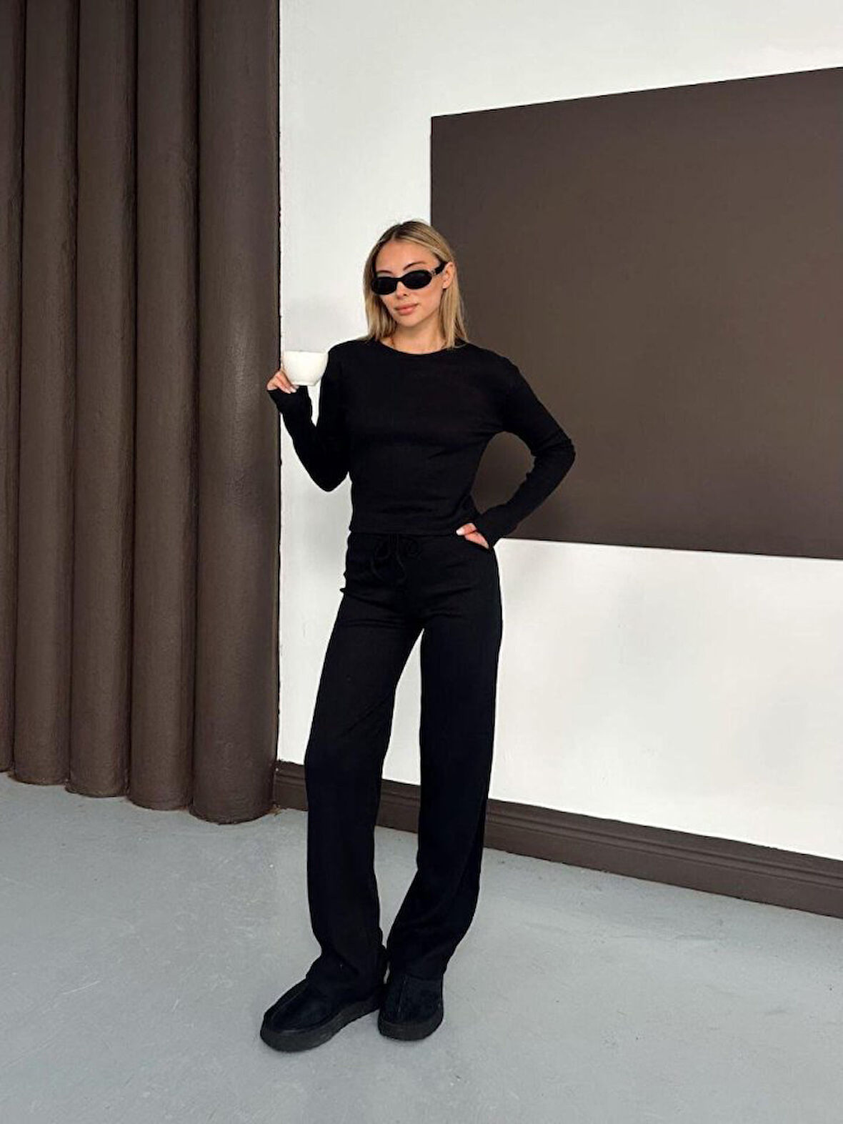 leyla sanat sanata yeni bir bakış açısı Kadın Bisiklet Yaka Parmak Geçme Detay Uzun Kollu Bluz Ve Pantolon Ikili Takım