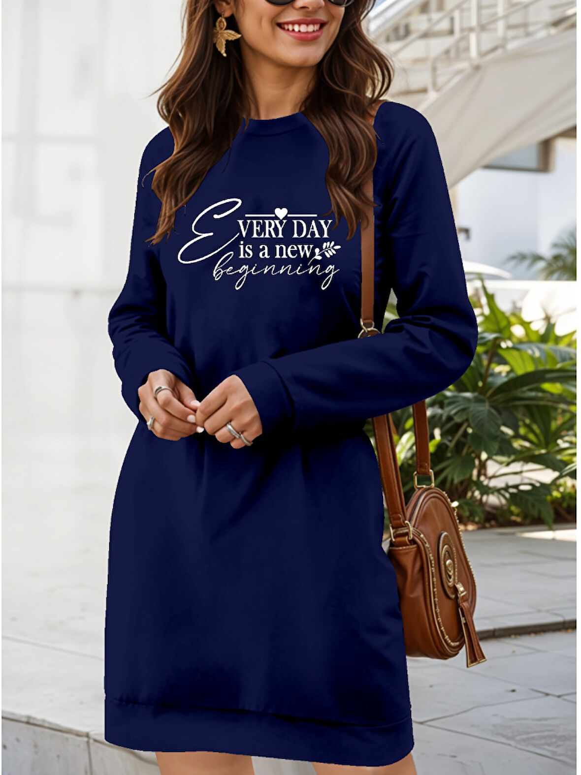 leyla sanat sanata yeni bir bakış açısı Kadın Uzun Kollu Bisiklet Yaka Kısa Viskon Iki Iplik Elbise