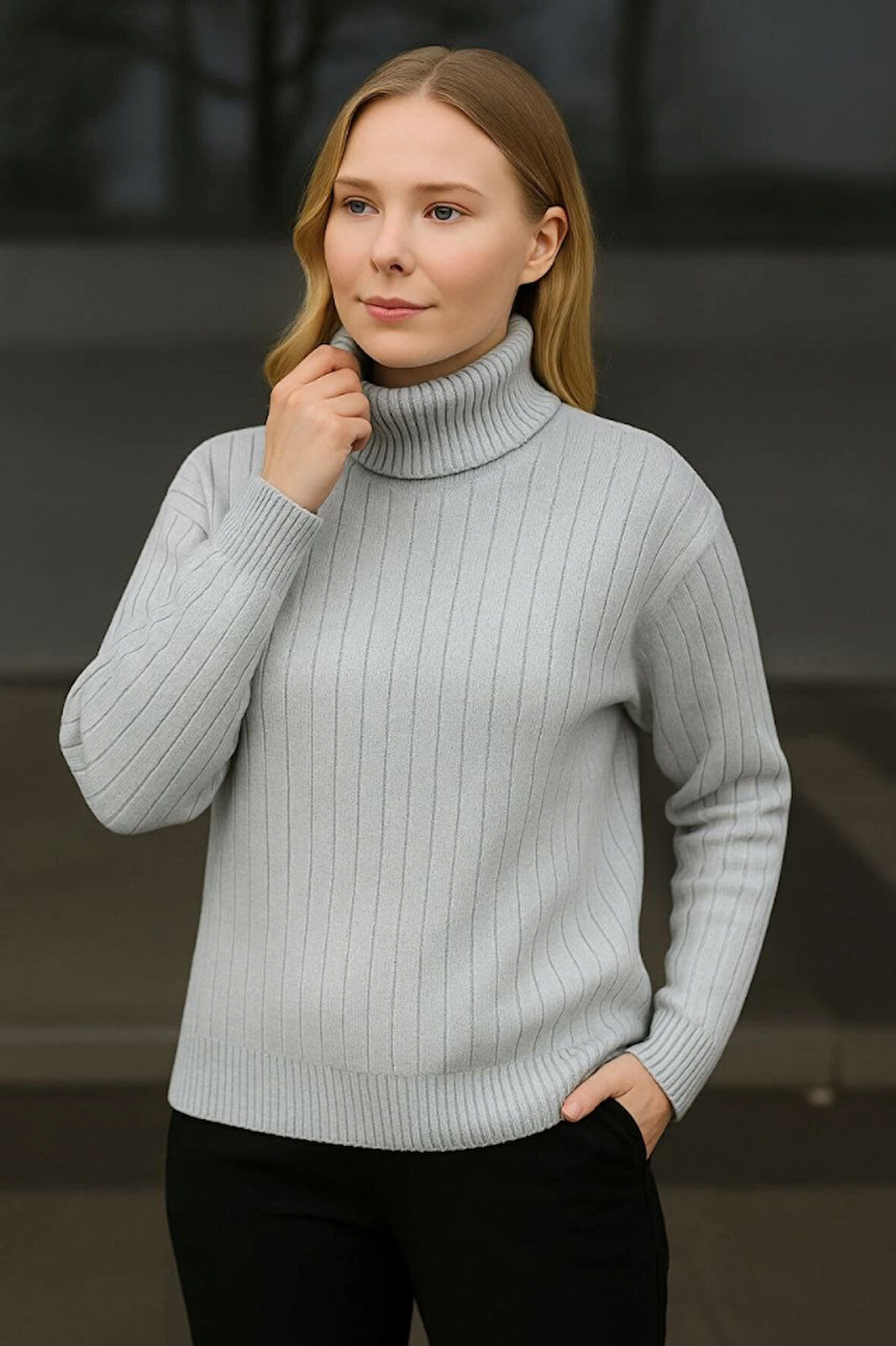 leyla sanat sanata yeni bir bakış açısı Balıkcı Yaka Bağazlı Triko Kazak Pamuklu Kalın Fitilli Dokuma - Gri